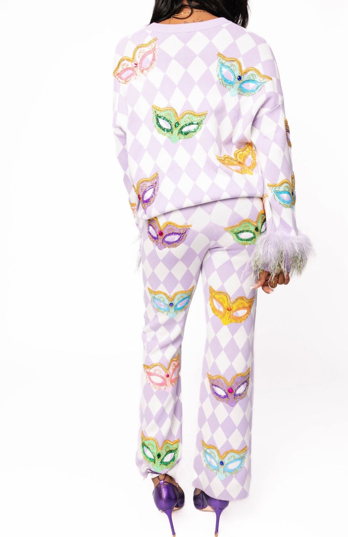 Queen of Sparkles Lavender & White Diamond Print Multi Mask Feather Sleeve Sweater