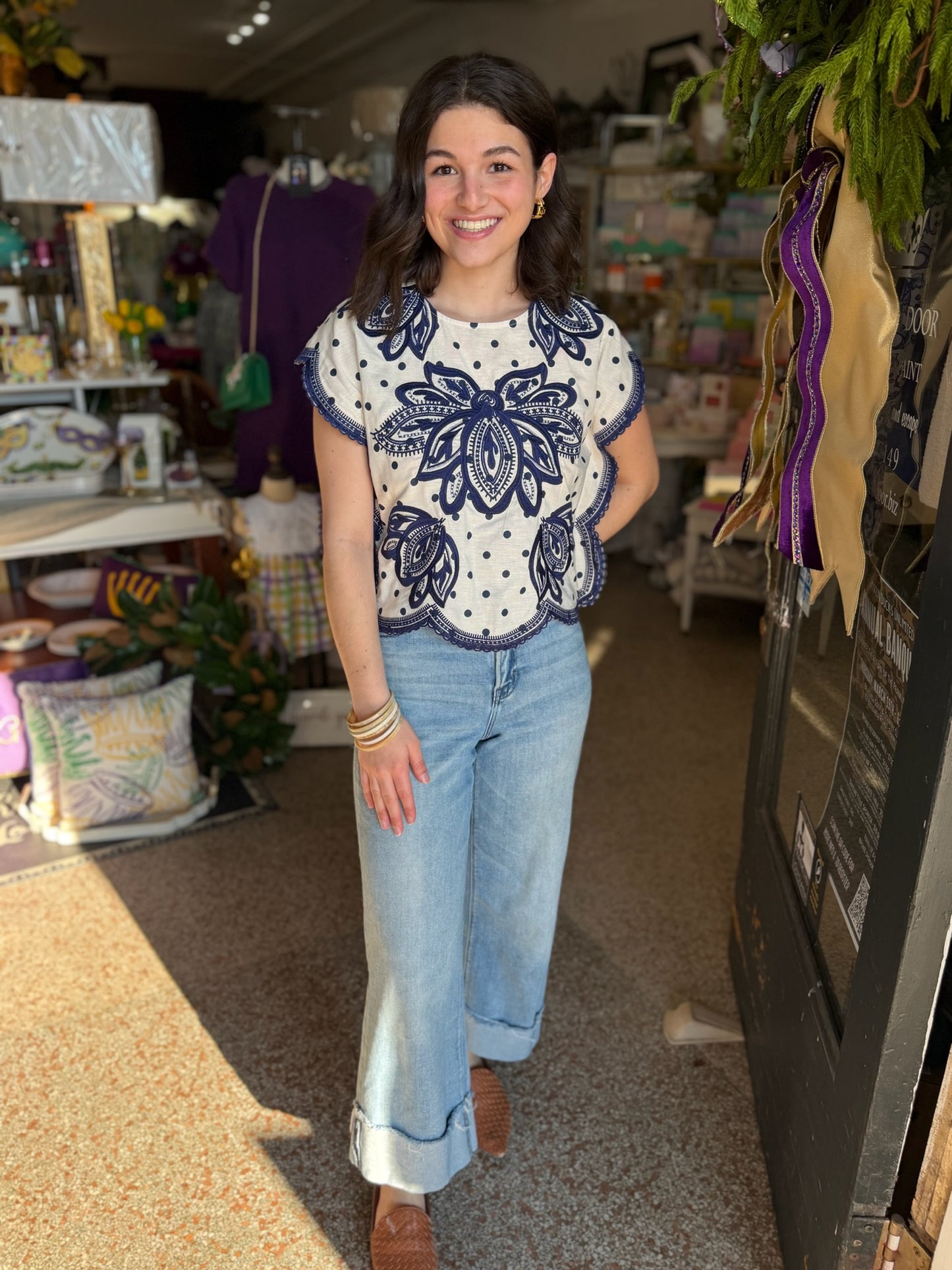 Polka Dot and Floral Navy Top