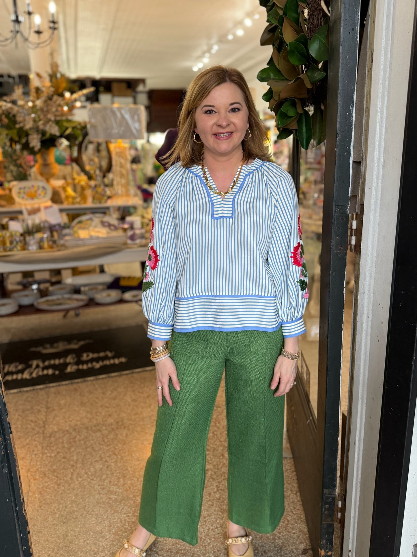 Baby Blue Seerscuker Blouse with Floral Embrodiery