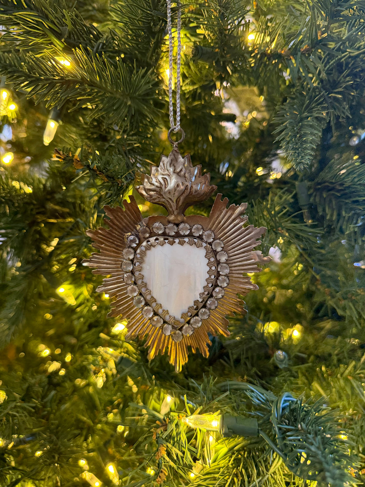 Petite Jeweled Flaming Mother Of Pearl Heart
