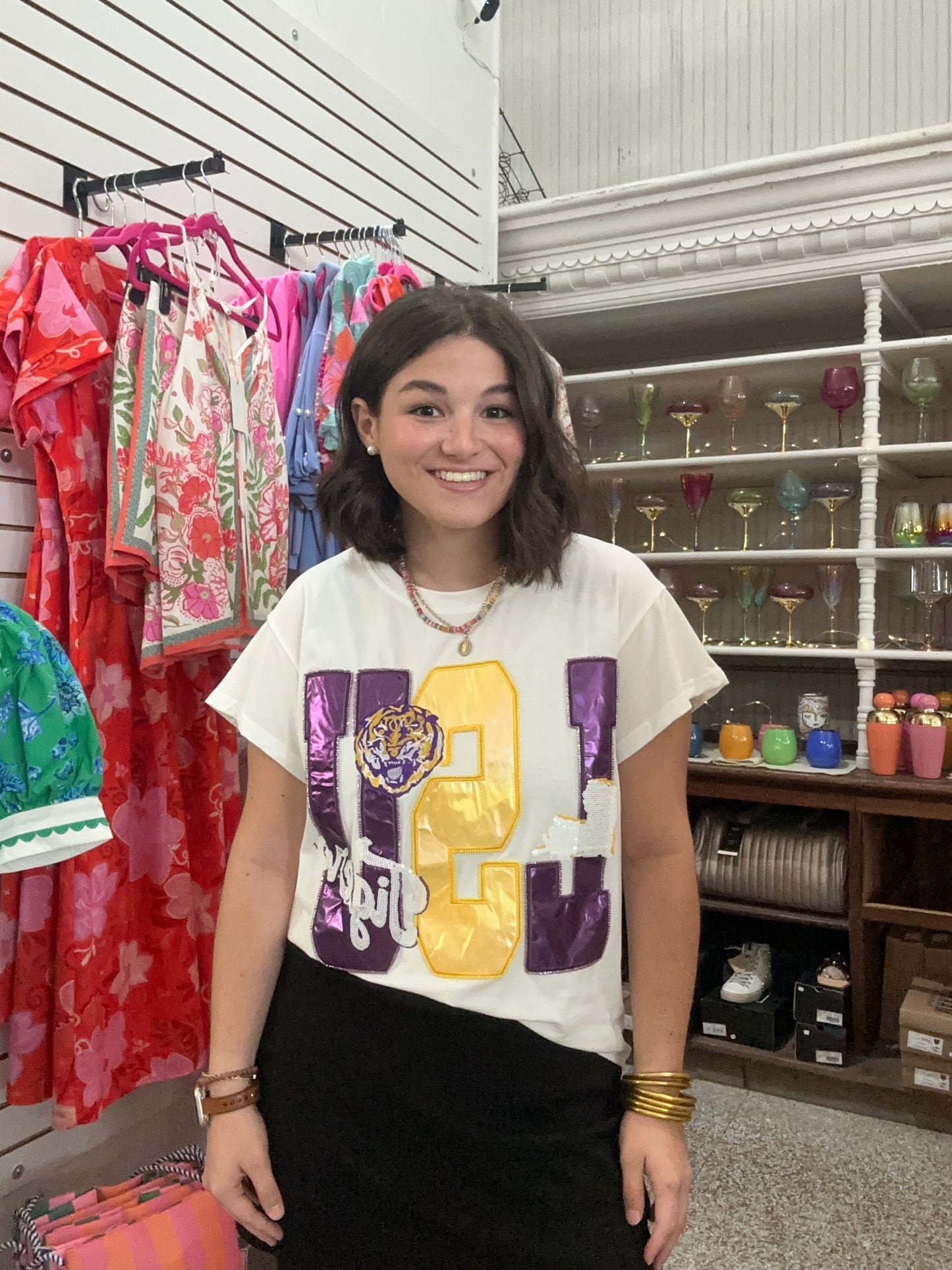 Queen of Sparkles Licensed LSU Metallic Word With Icons Tee