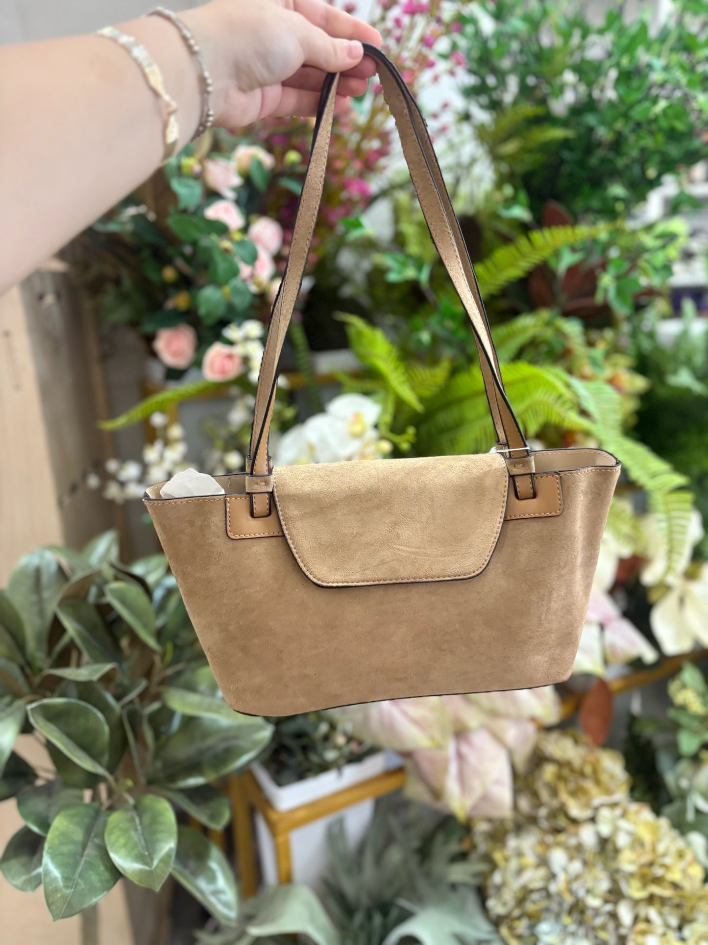 Reese Faux Suede Shoulder Bag in Taupe