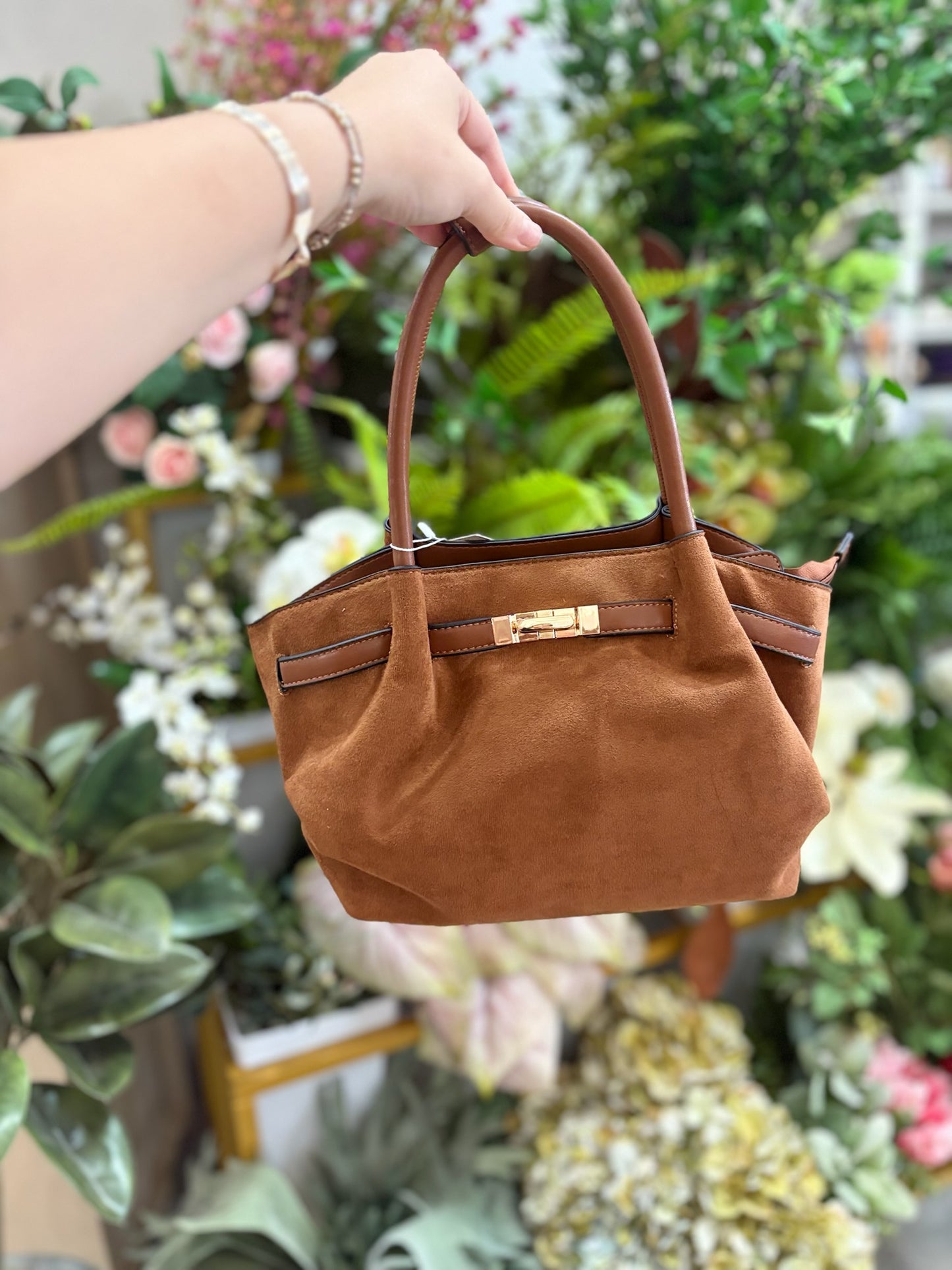 Lucia Faux Suede Satchel in Brown