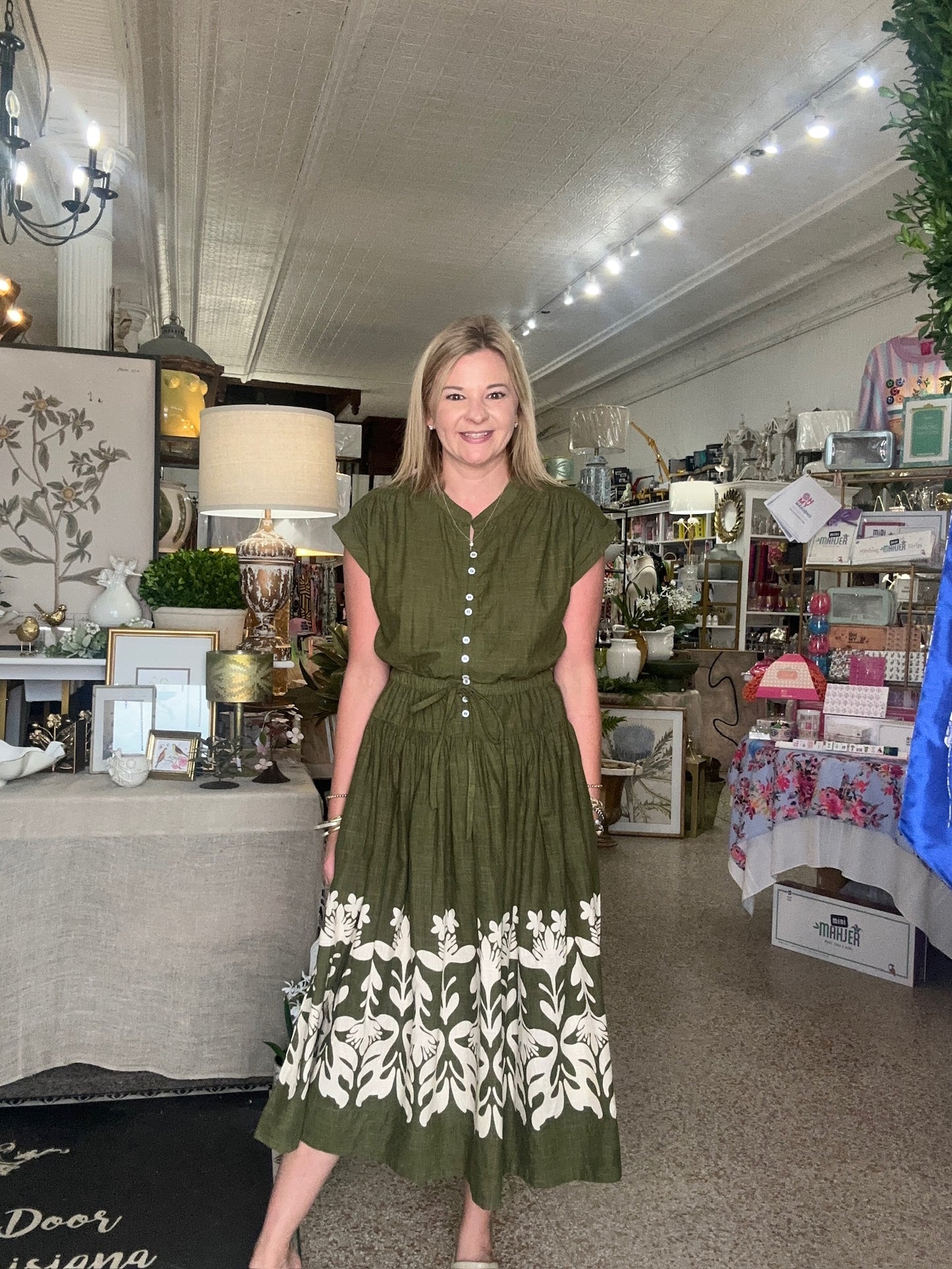 Uncle Frank Olive Border Maxi Dress with Drop Waist
