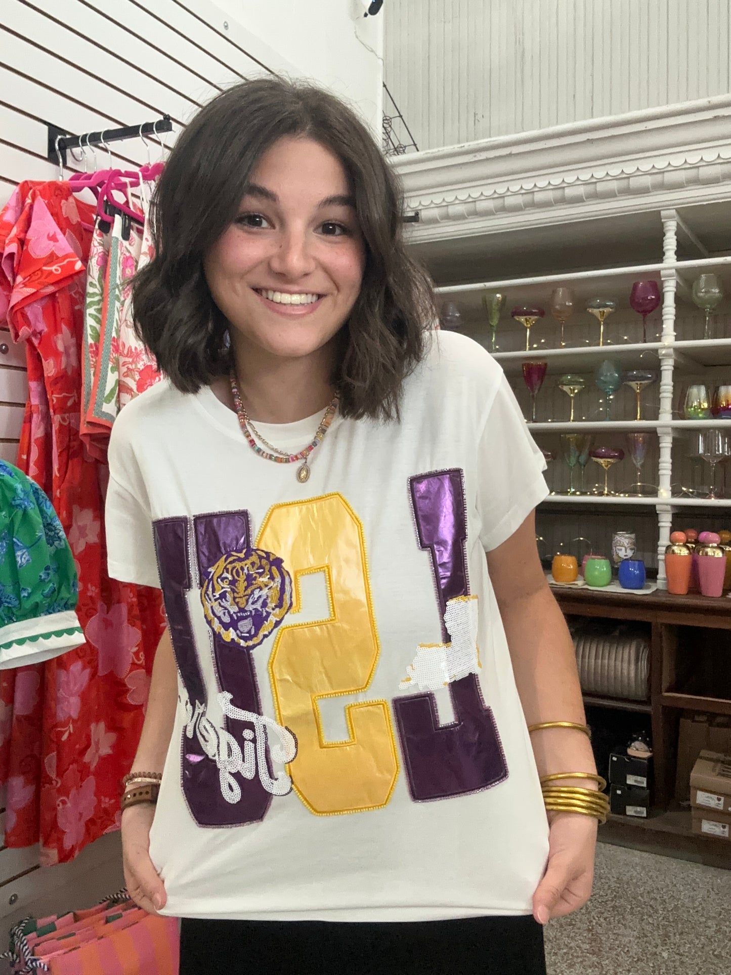Queen of Sparkles Licensed LSU Metallic Word With Icons Tee