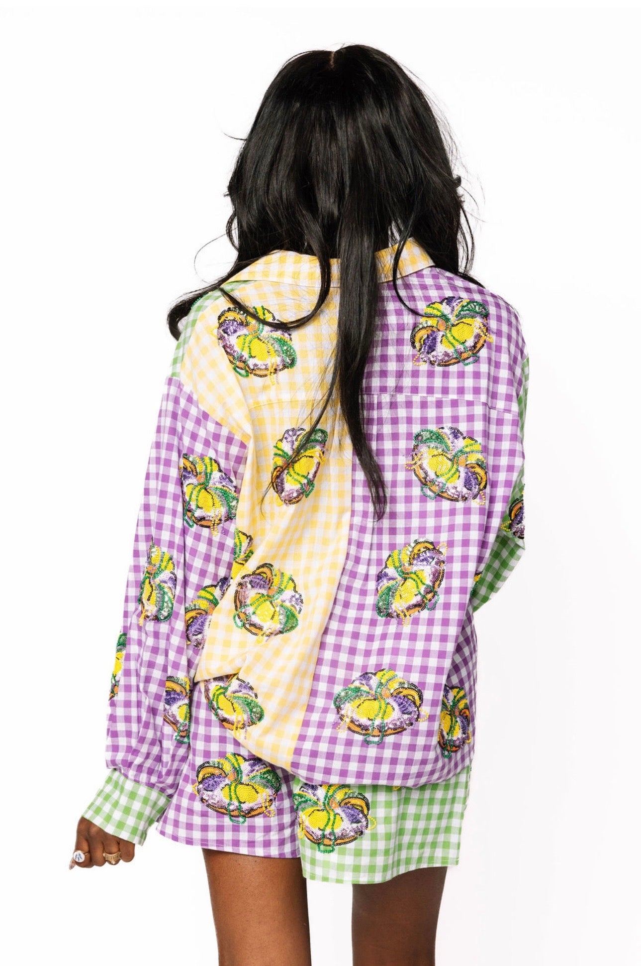 Queen of Sparkles Colorblock Mardi Gras Gingham King Cake Button Up Top