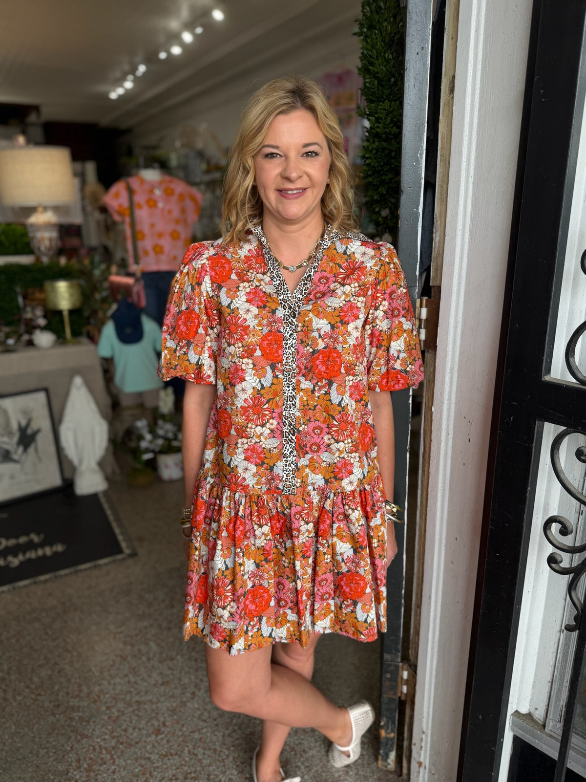 Uncle Frank Leopard Trim Floral Dress