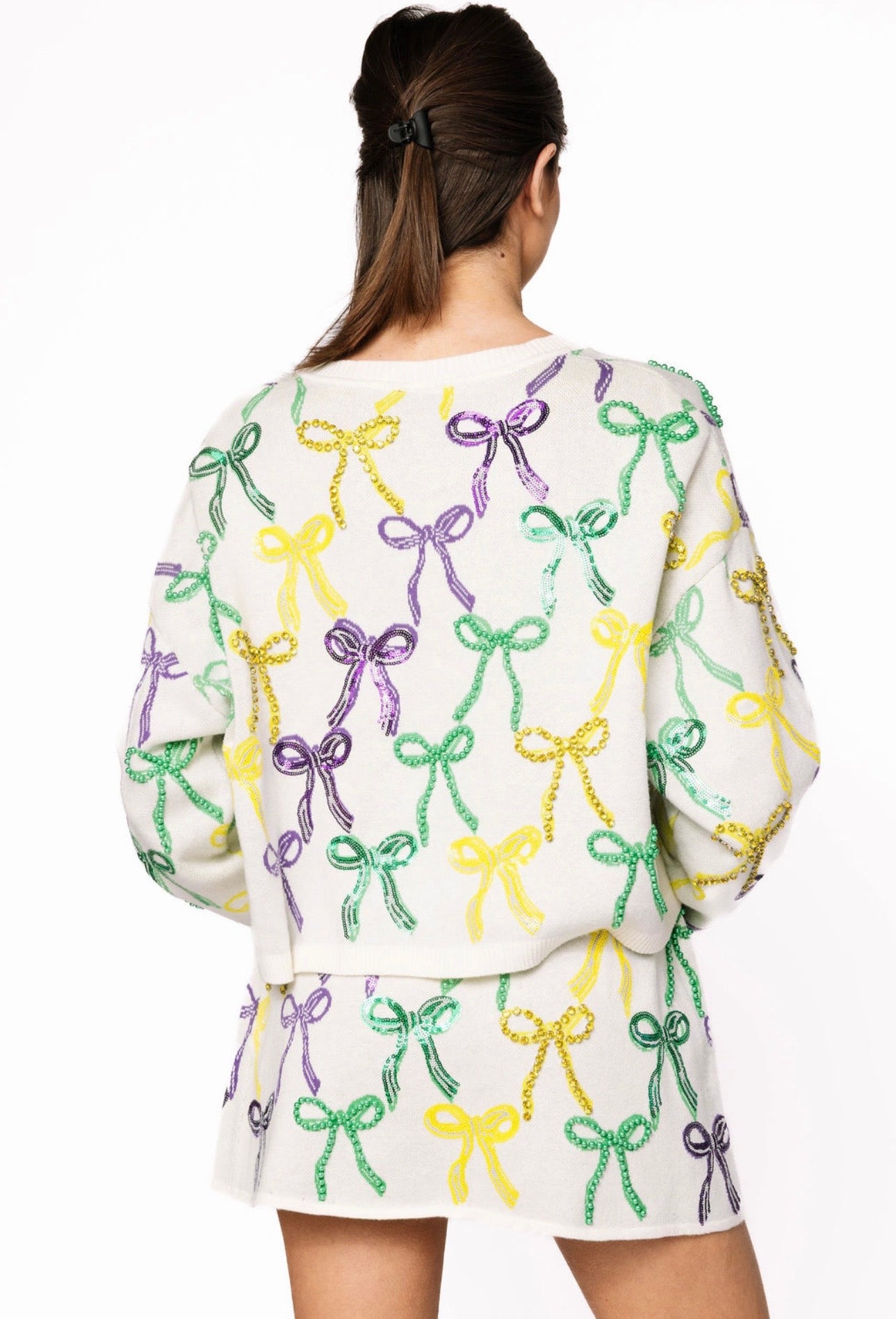 Queen of Sparkles White Mardi Gras Bow Tie Up Sweater