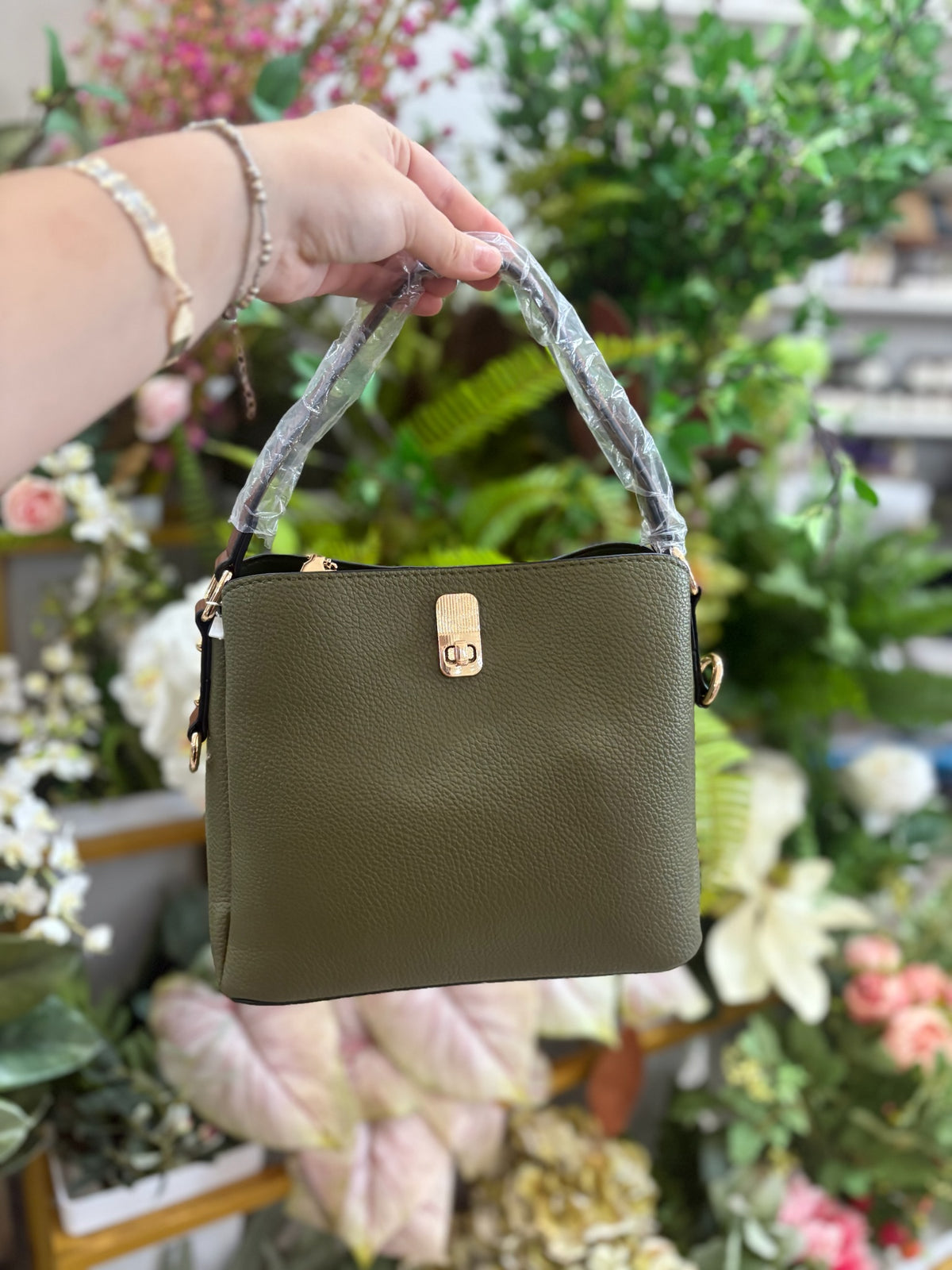 Allison Faux Canvas Satchel in Olive/Brown
