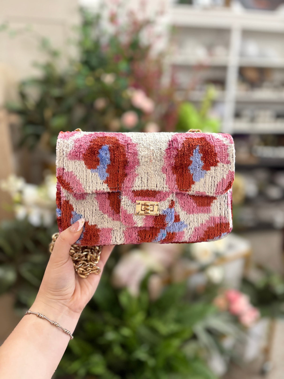 Glenda Gies Pink, Red, and Blue Abstract Velvet Coco Crossbody