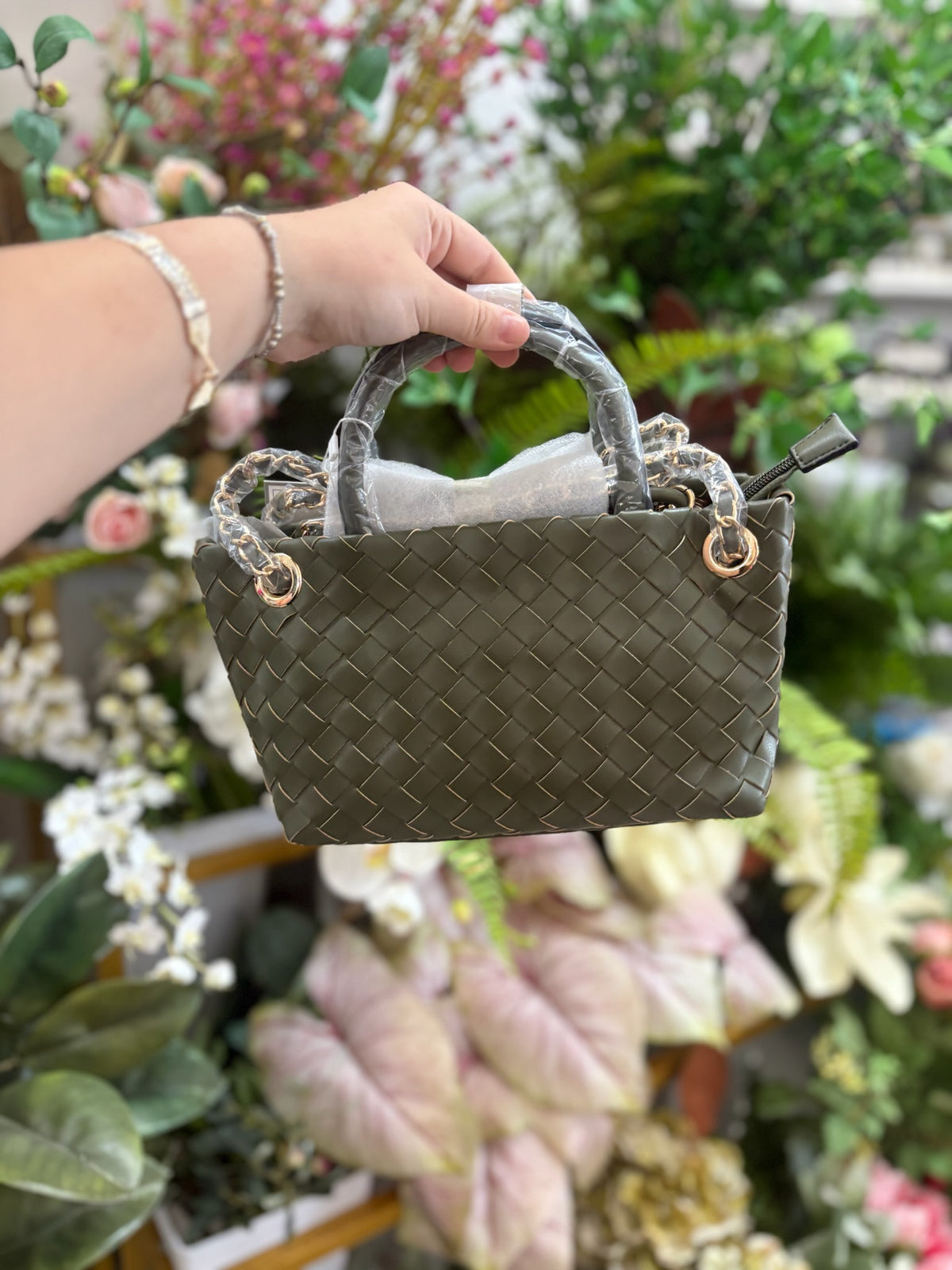 Fallon Woven Satchel Bag in Olive