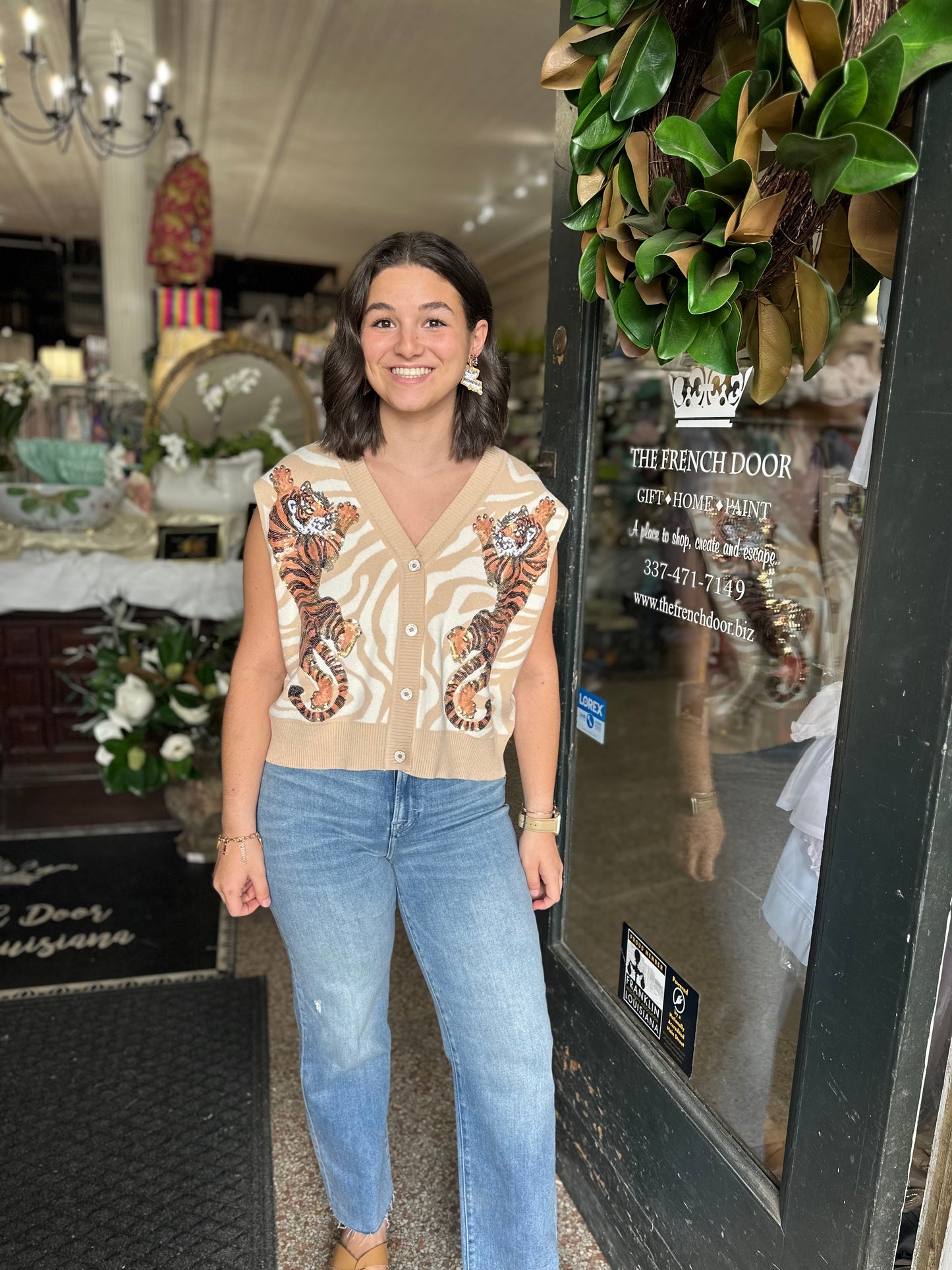 Queen of Sparkles Ivory Tiger on Tiger Print Knit Vest