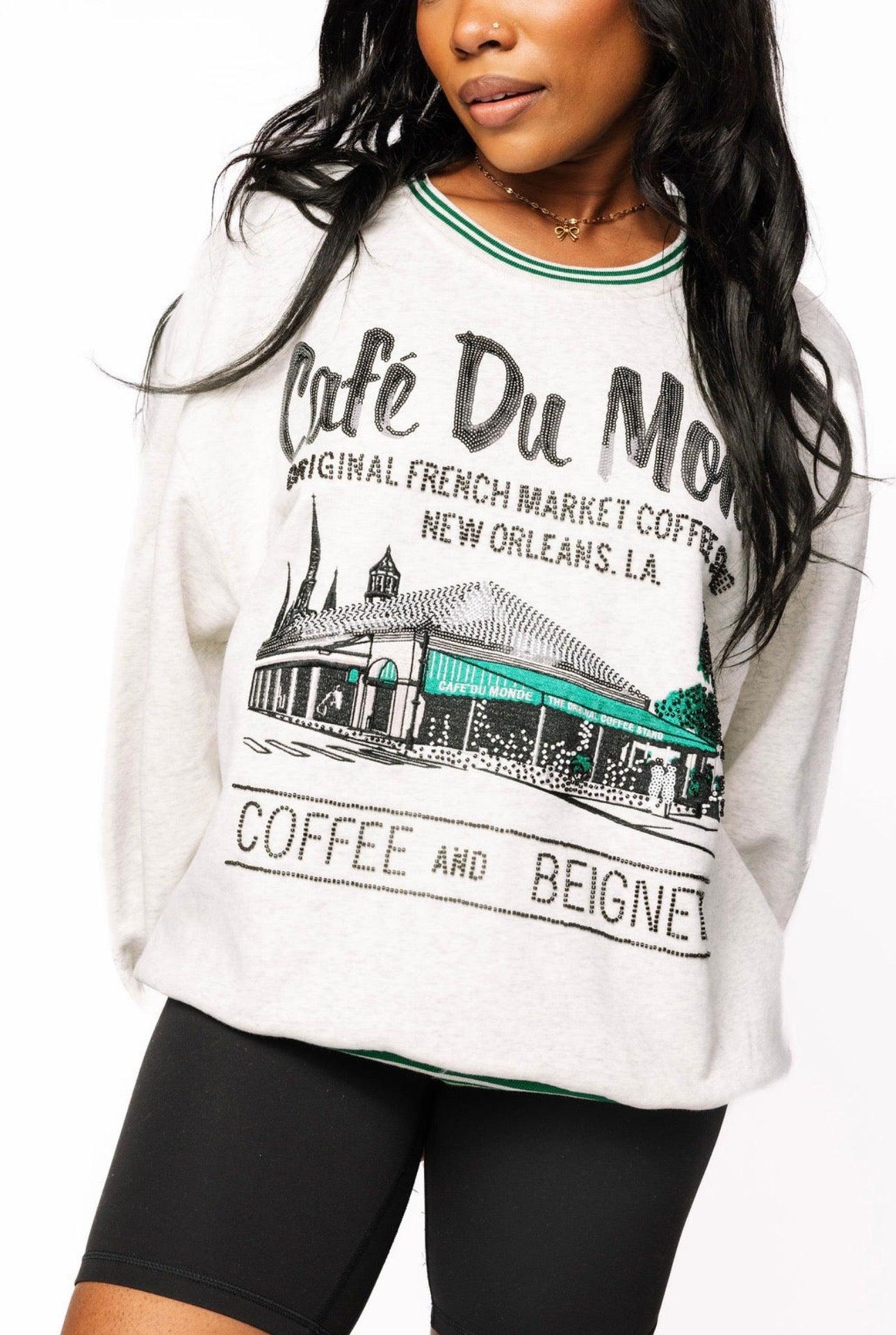 Queen of Sparkles Grey Sport Stripe Cafe Du Monde Sweatshirt