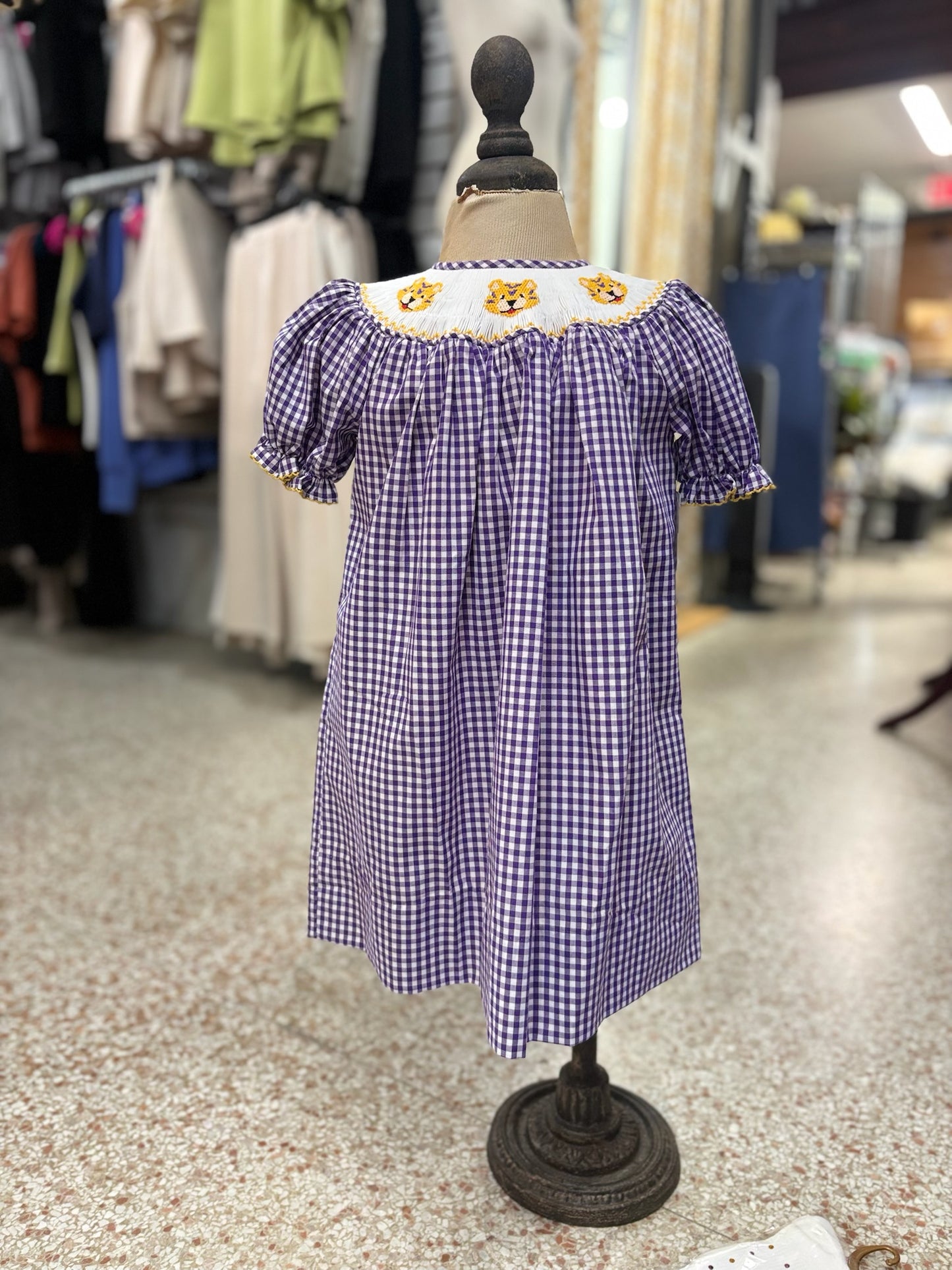 Purple Gingham Tiger Head Smocked Dress