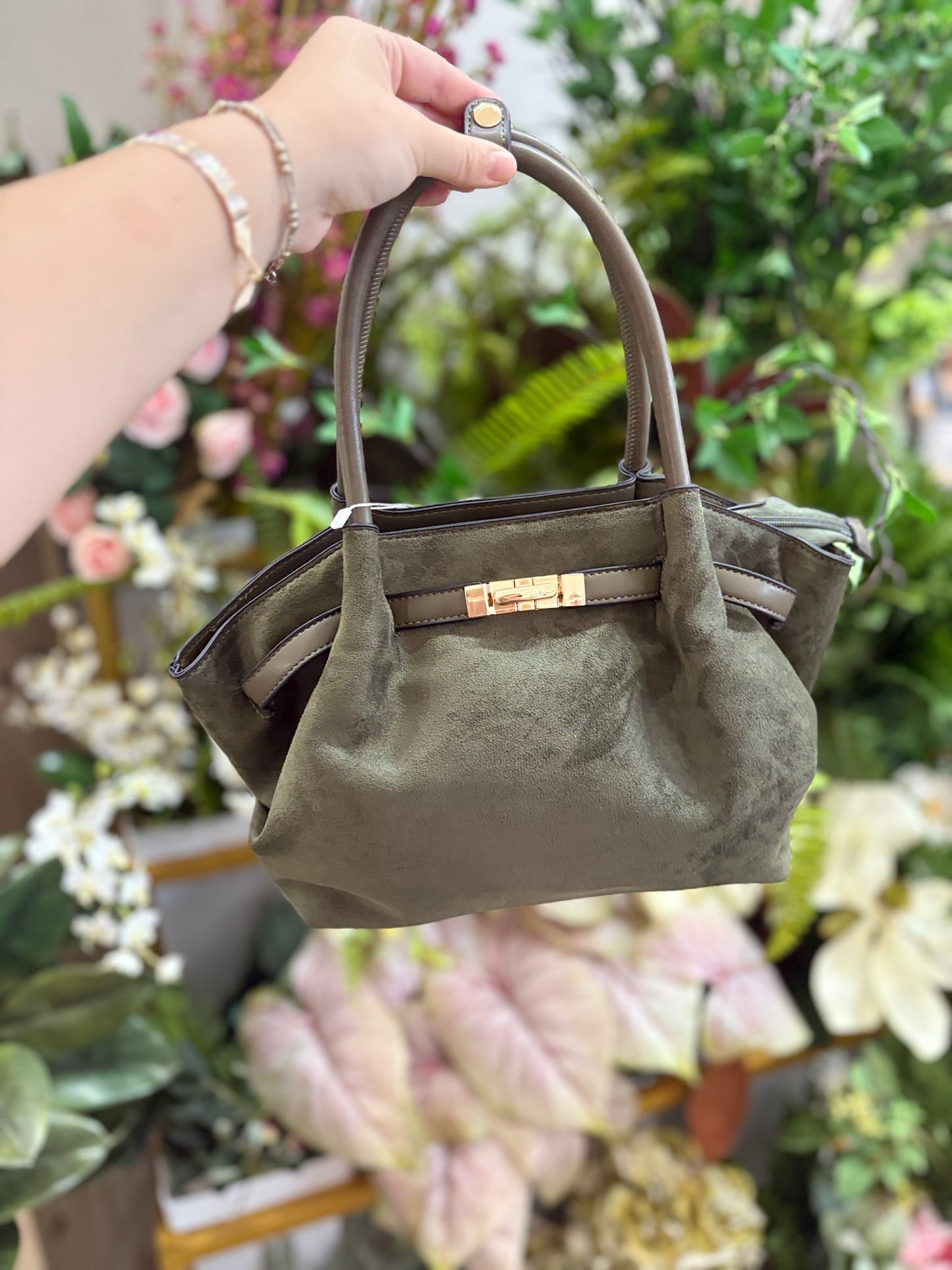 Lucia Faux Suede Satchel in Olive