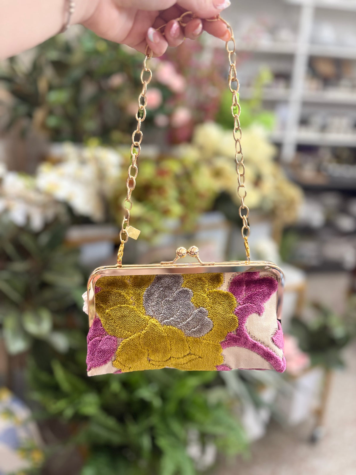 Glenda Gies Kiss Lock Chartreuse and Purple Chenille Floral Handbag