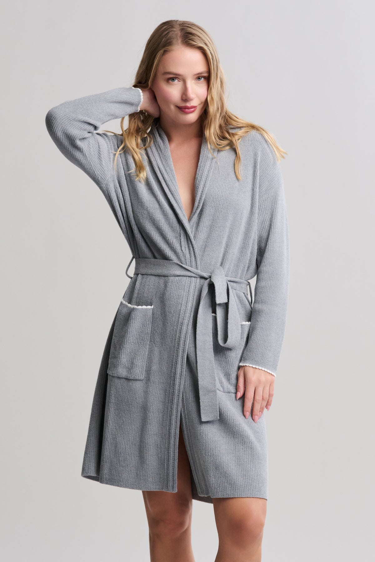 Barefoot Dreams CozyChic Ultra Lite Contrast Scallop Ribbed Robe - Moonbeam