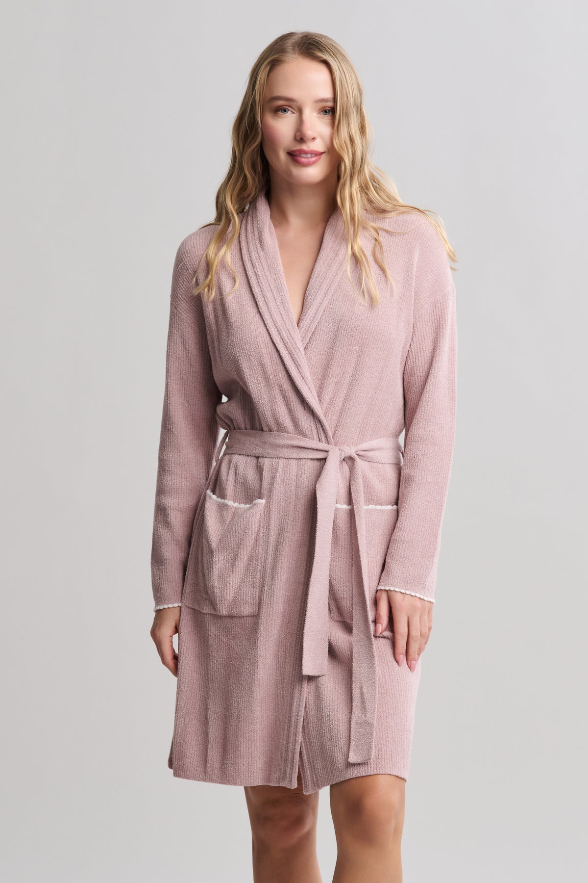 Barefoot Dreams CozyChic Ultra Lite Contrast Scallop Ribbed Robe - Teaberry