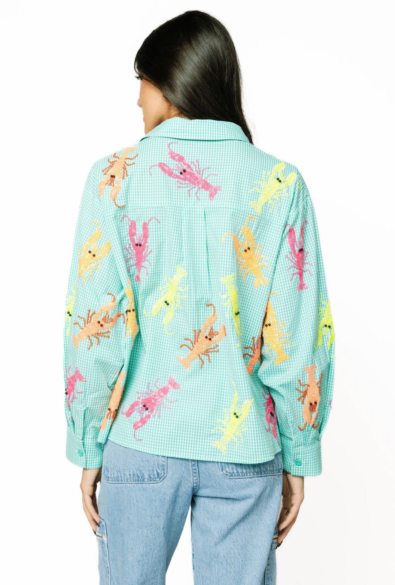 Queen of Sparkles Gingham Neon Crawfish Button Up Top