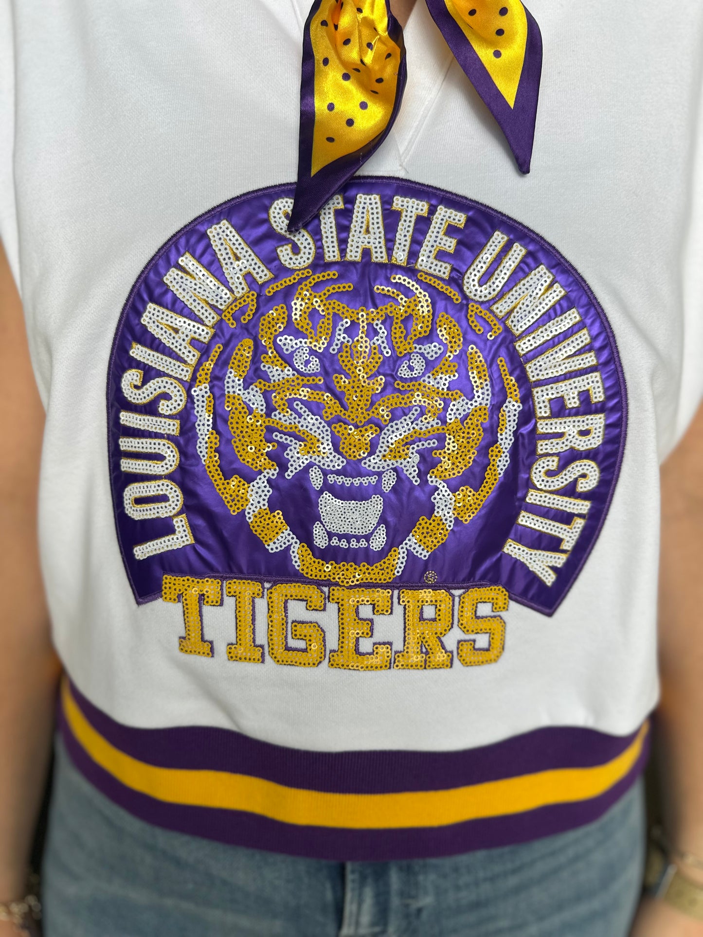 Queen of Sparkles Licensed LSU Striped Collar Circular Mascot Tank