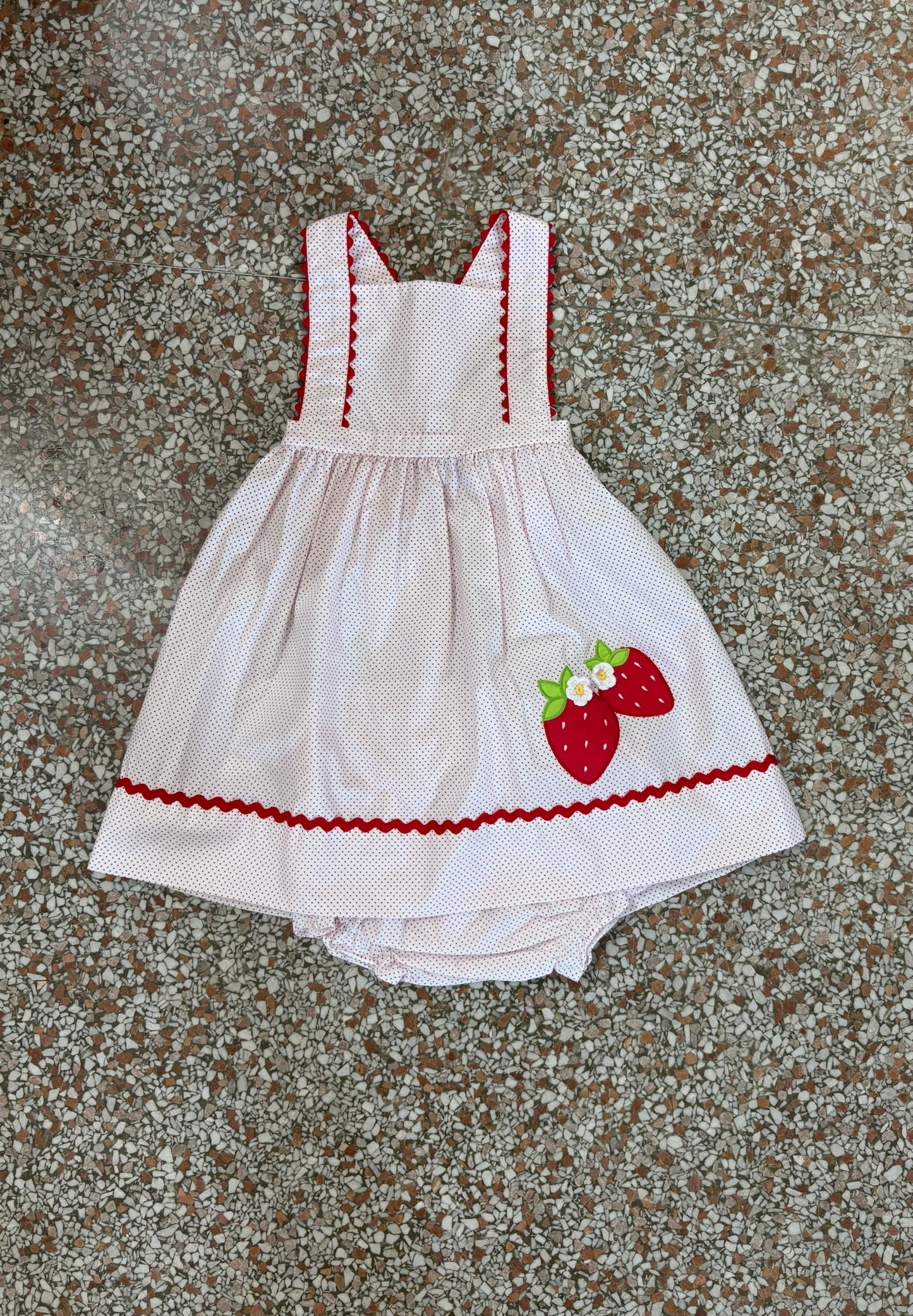 Sleeveless Red Polka Dot with Strawberry Appliqué and Ric Rac Trim