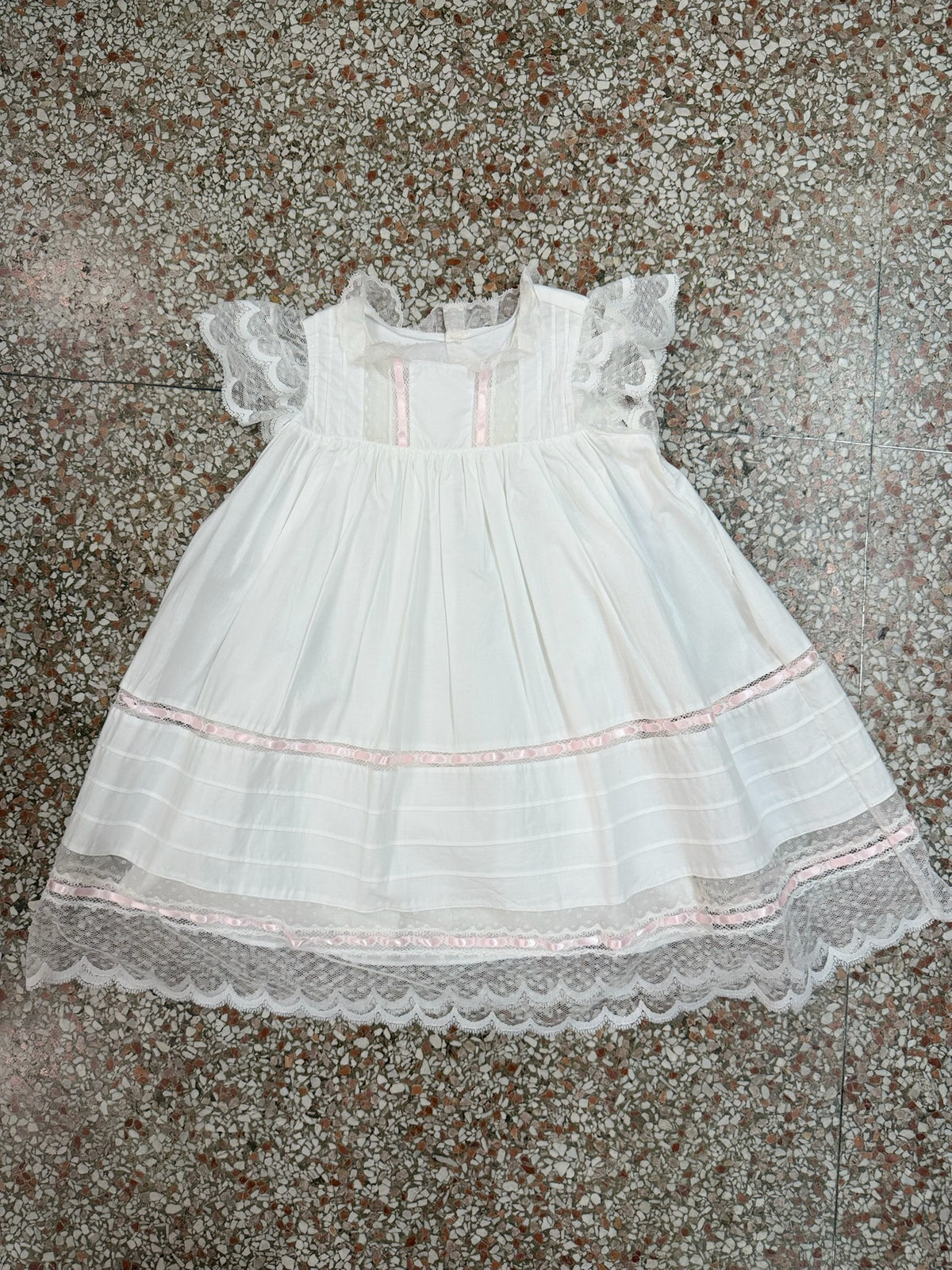 White Heirloom Dress with Pink Ribbon Detail