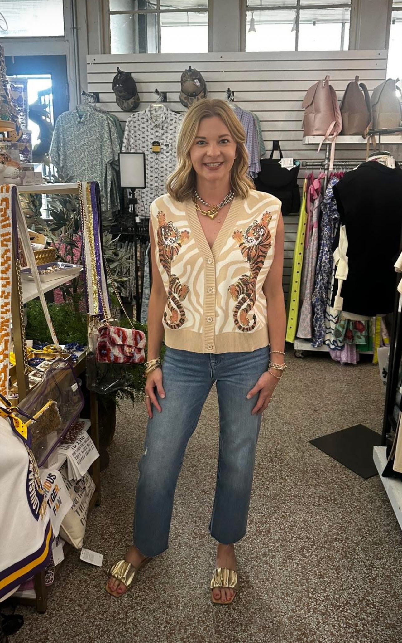 Queen of Sparkles Ivory Tiger on Tiger Print Knit Vest