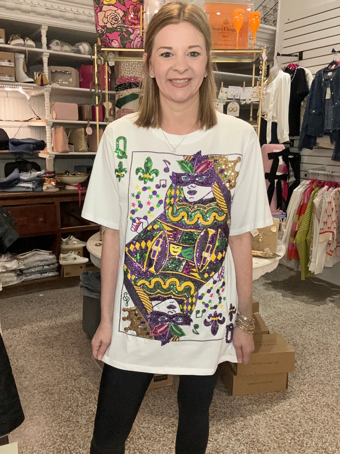 Queen of Sparkles White Mardi Gras Queen Card Tee Dress