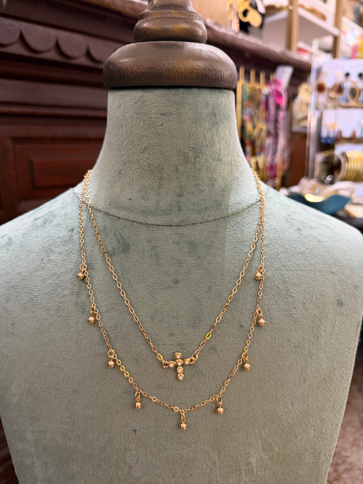 Elizabeth Pave Cross Layered Necklace in Shiny Gold