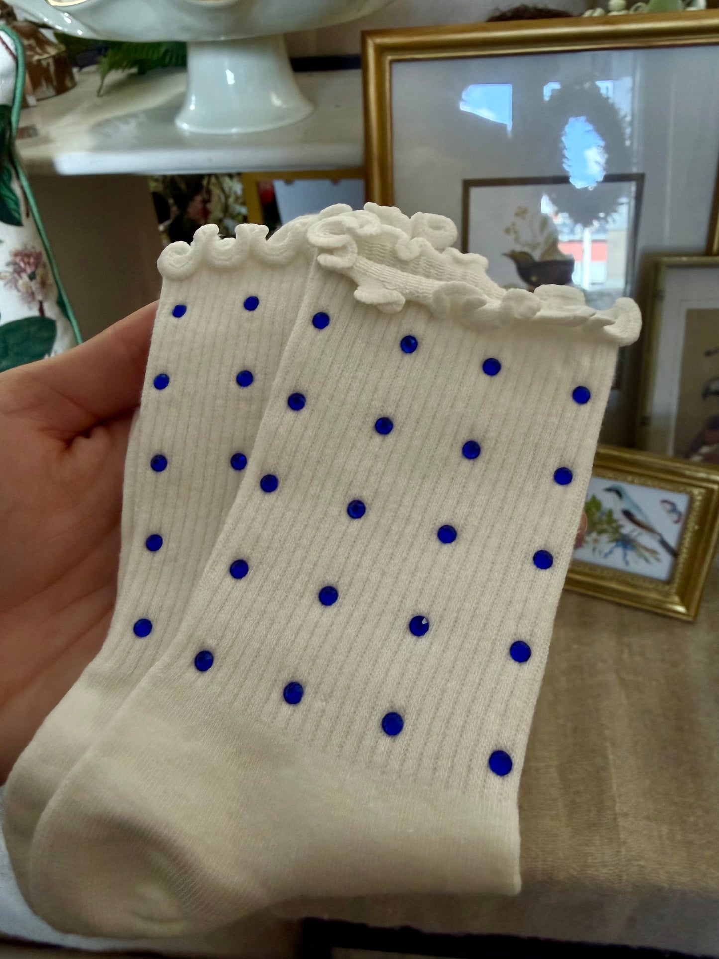 Girls Blue Rhinestone Ruffle Socks