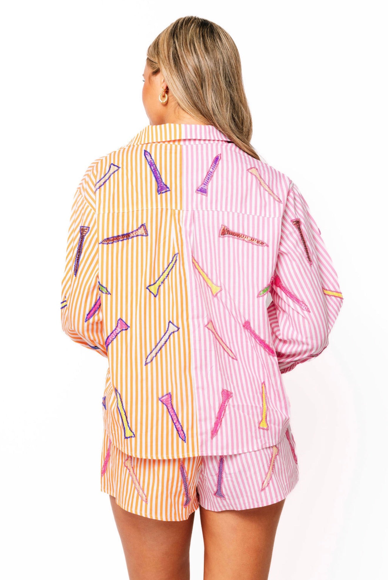 Queen of Sparkles Pink and Orange Striped Colorblock Golf Clubs Button Up Top