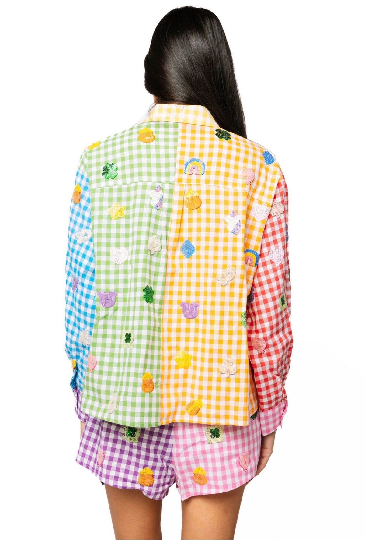 Queen of Sparkles Rainbow Gingham Colorblock Lucky Charms Button Up Cotton Top