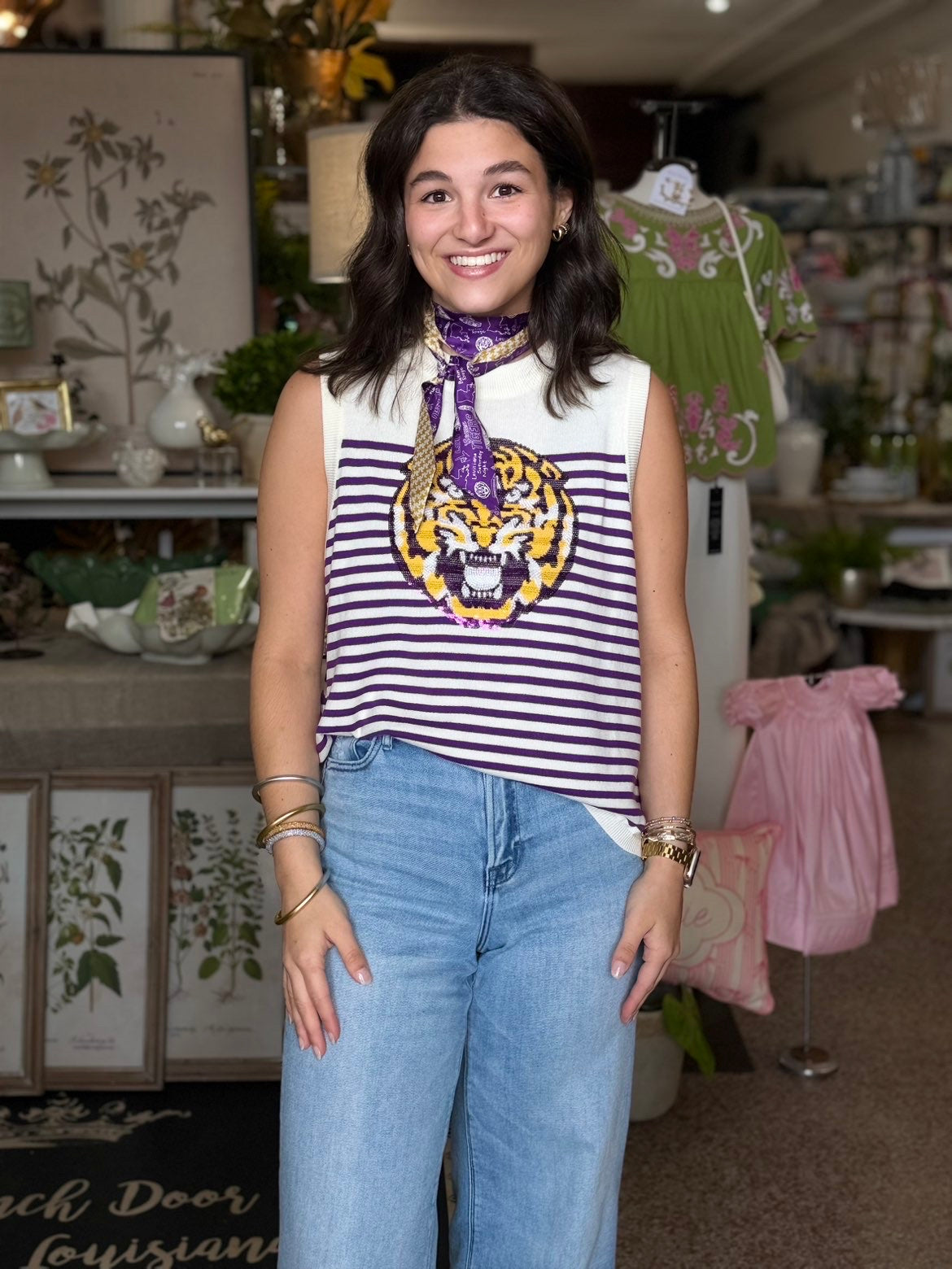 Queen of Sparkles Licensed LSU Mascot Striped Knit Tank