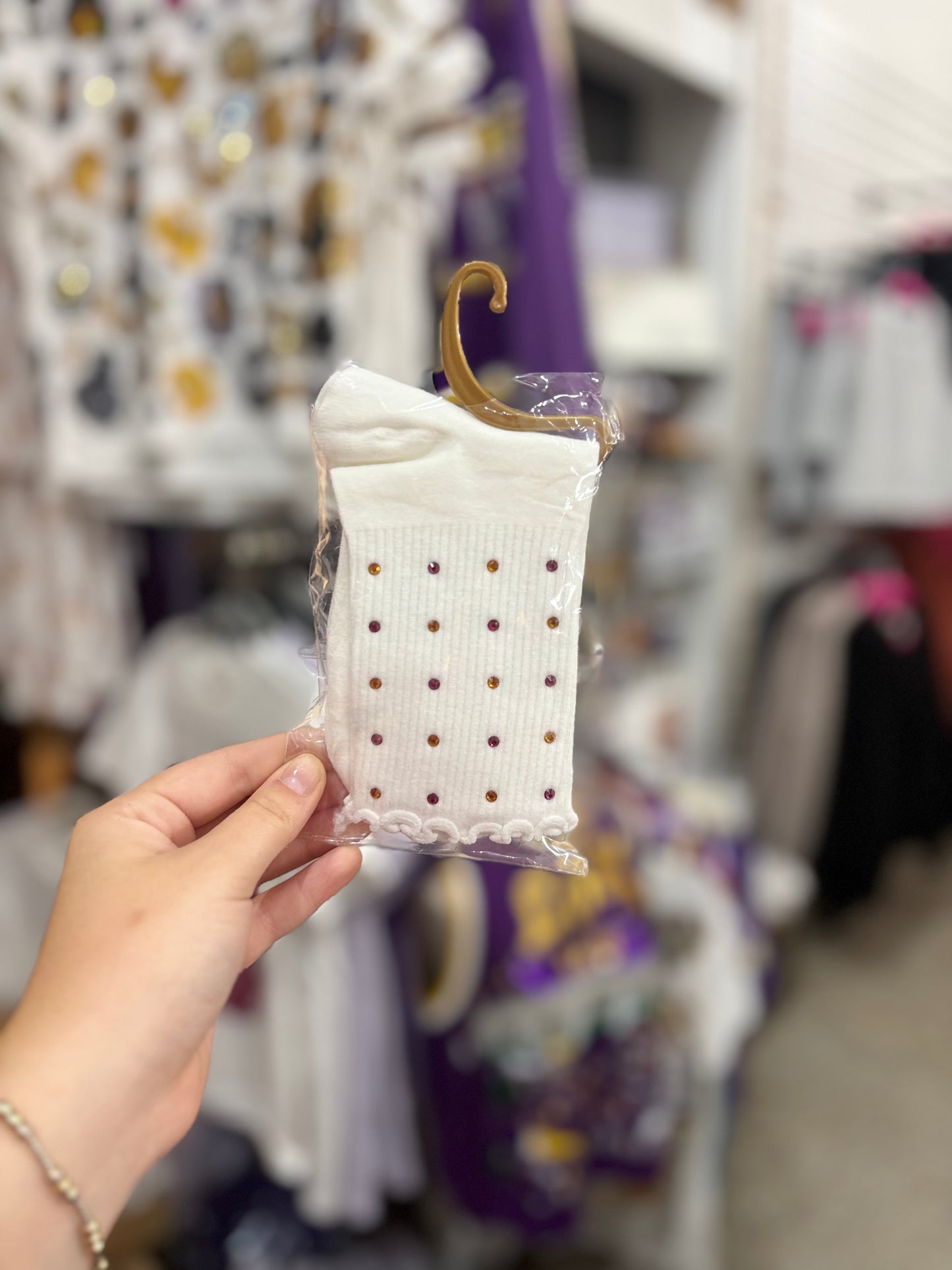 White Ruffle Socks With Purple and Gold Rhinestones