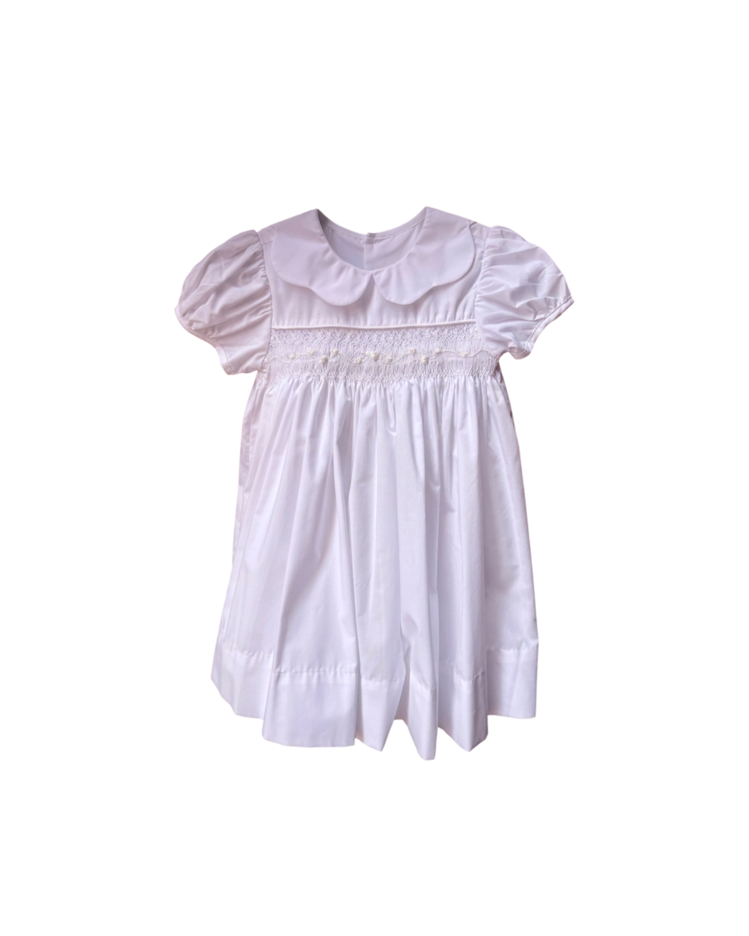 White Heirloom Rose Smocked Dress with Scalloped Collar