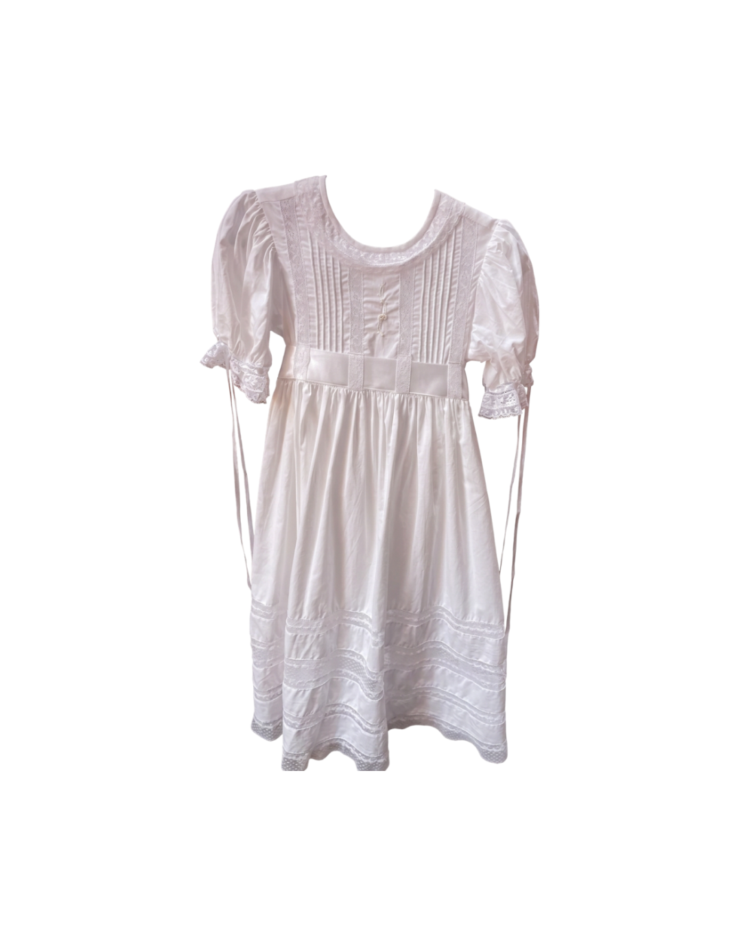 White Heirloom Dress with Lace Trim and Silk Tie Waist