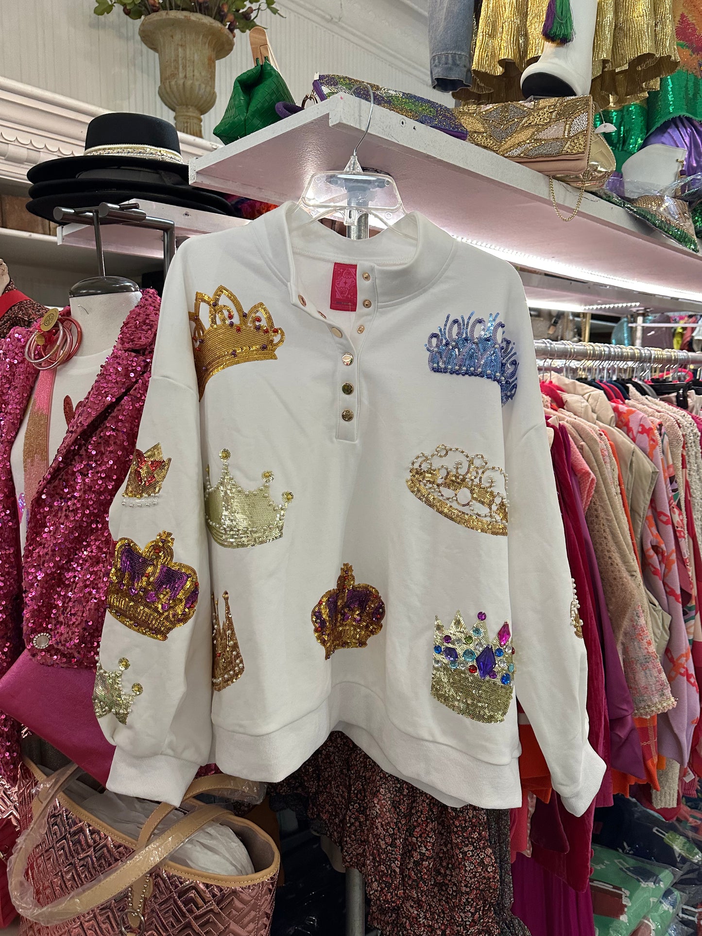 Queen of Sparkles WHITE CROWN BUTTON UP SWEATSHIRT