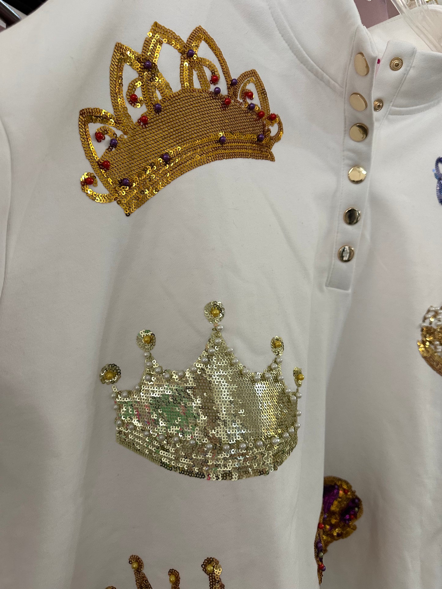 Queen of Sparkles WHITE CROWN BUTTON UP SWEATSHIRT