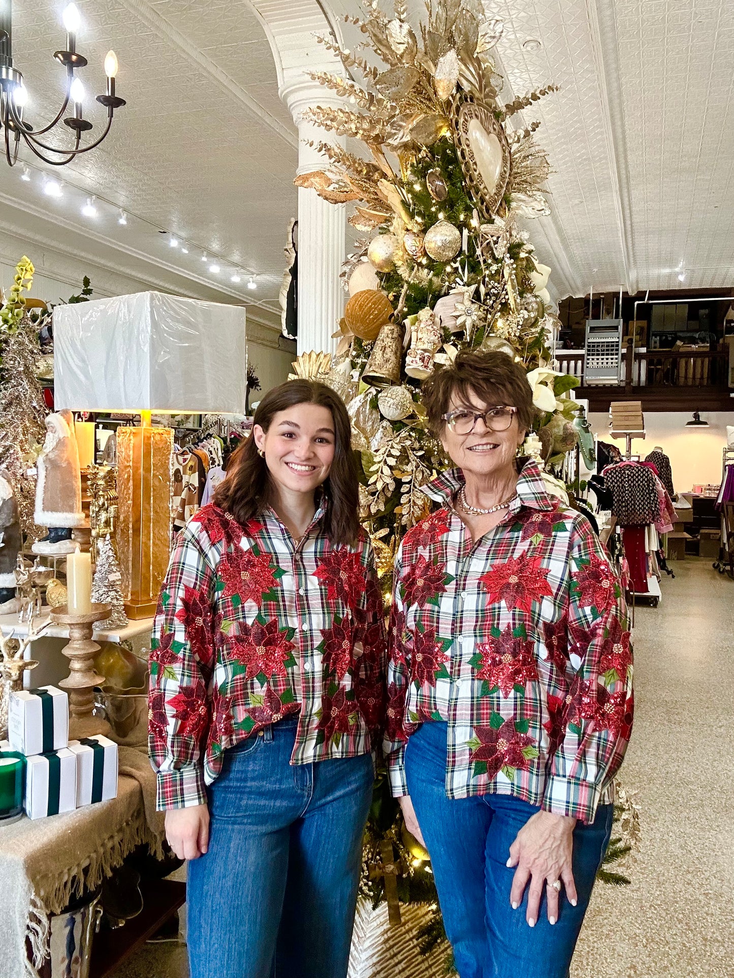 Queen of Sparkles Red, Green, & White Plaid Poinsettia Cotton Button Up Top