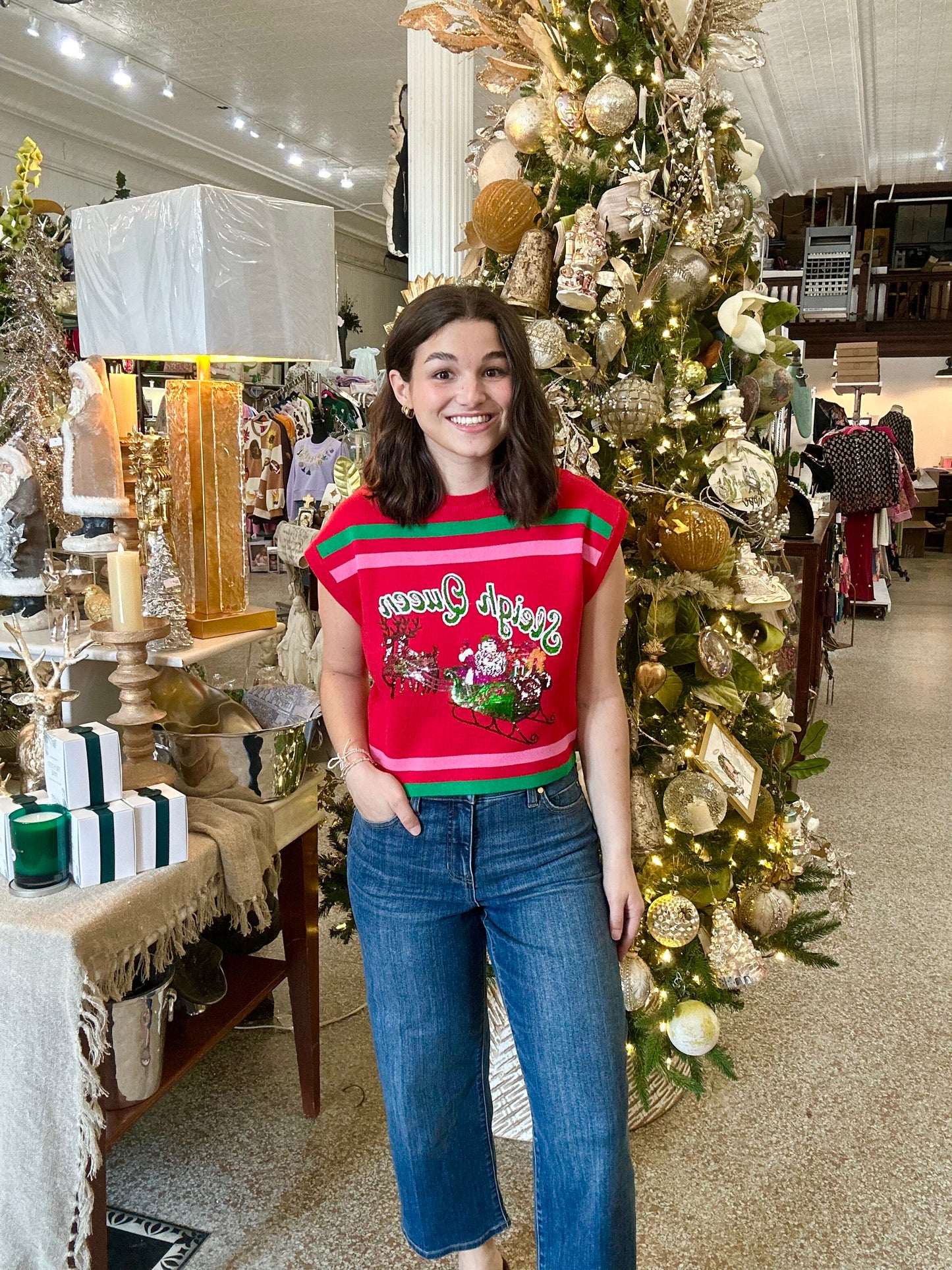 Queen of Sparkes Red, Green, & Pink Sleigh Queen Stripe Top