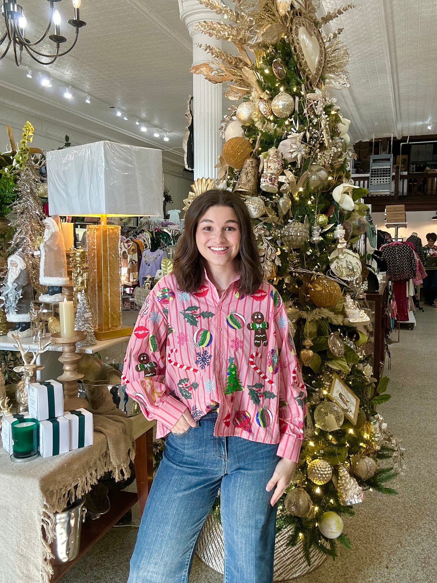 Queen of Sparkles Light Pink & Red Stripe Christmas Icon Cotton Button Up Top