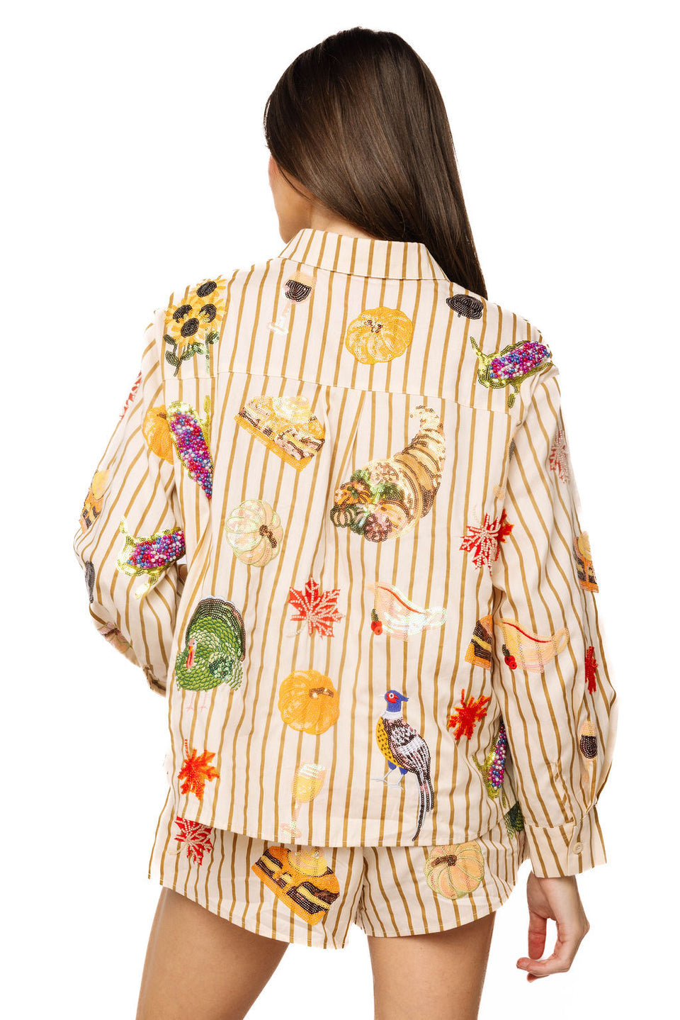 Beige Stripped Thanksgiving Icon Cotton Button Up Top