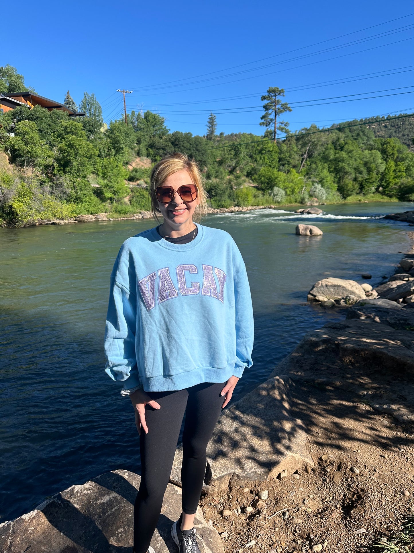 Queen of Sparkles Light Blue 'Vacay' Sweatshirt