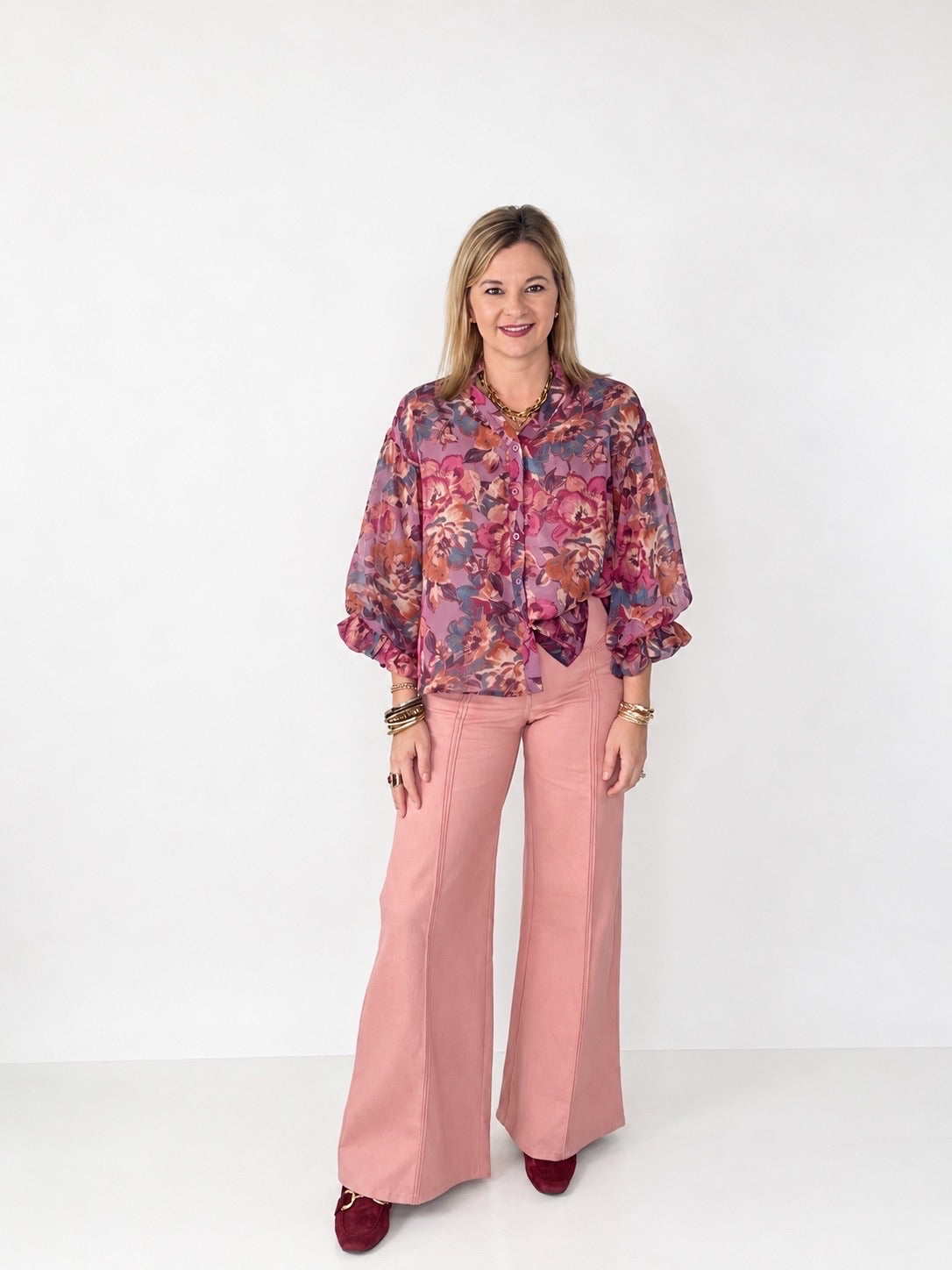 Blush Pink Vertical Seam High Waisted Flare Pants