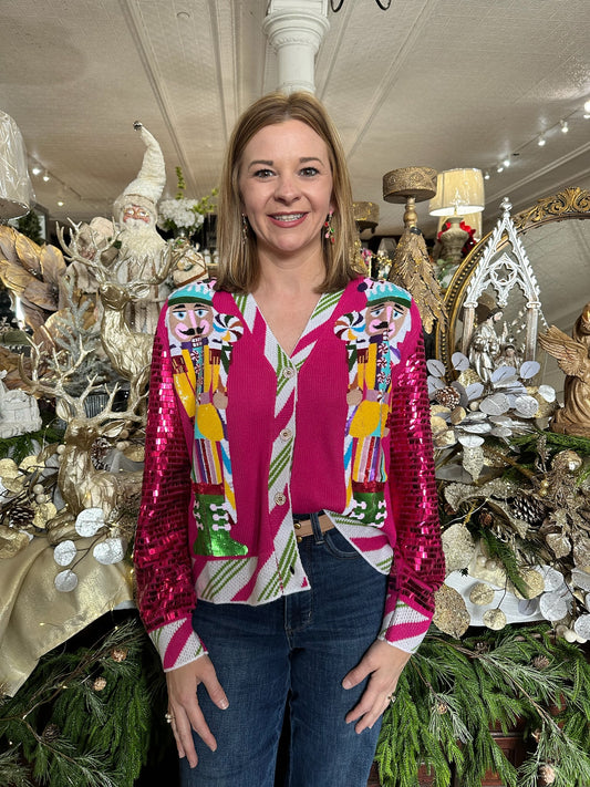 Queen of Sparkles Hot Pink Peppermint Nutcrackers Shard Sequin Sleeve Cardigan