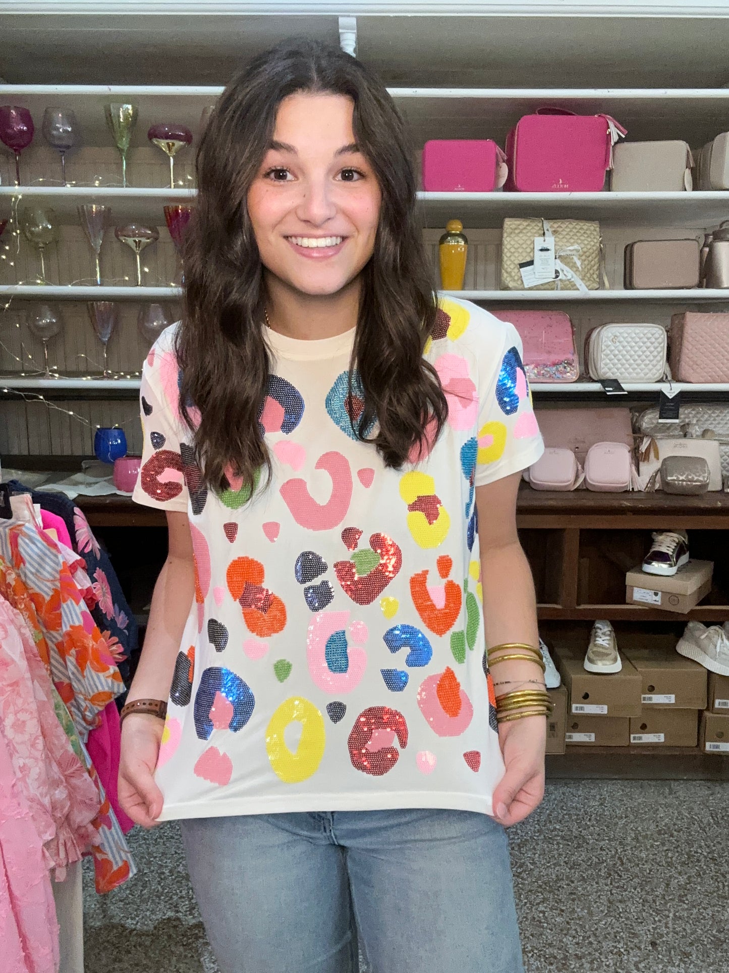 Queen of Sparkles White Multi Leopard Tee