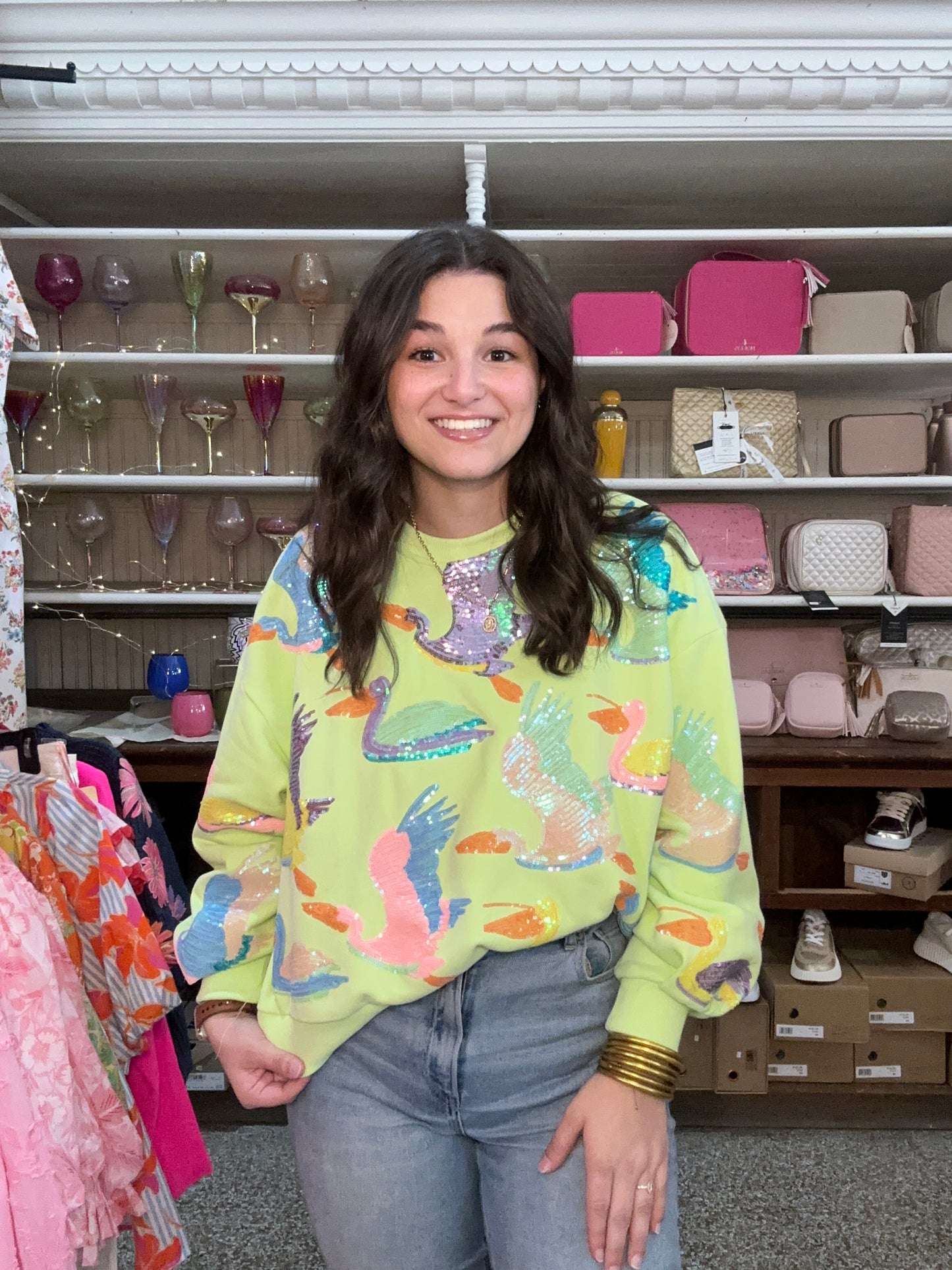 Queen Of Sparkles Lime Green Multi Bird Sweatshirt