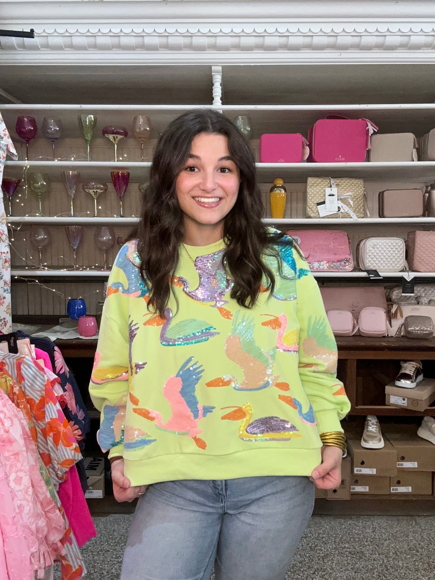 Queen Of Sparkles Lime Green Multi Bird Sweatshirt