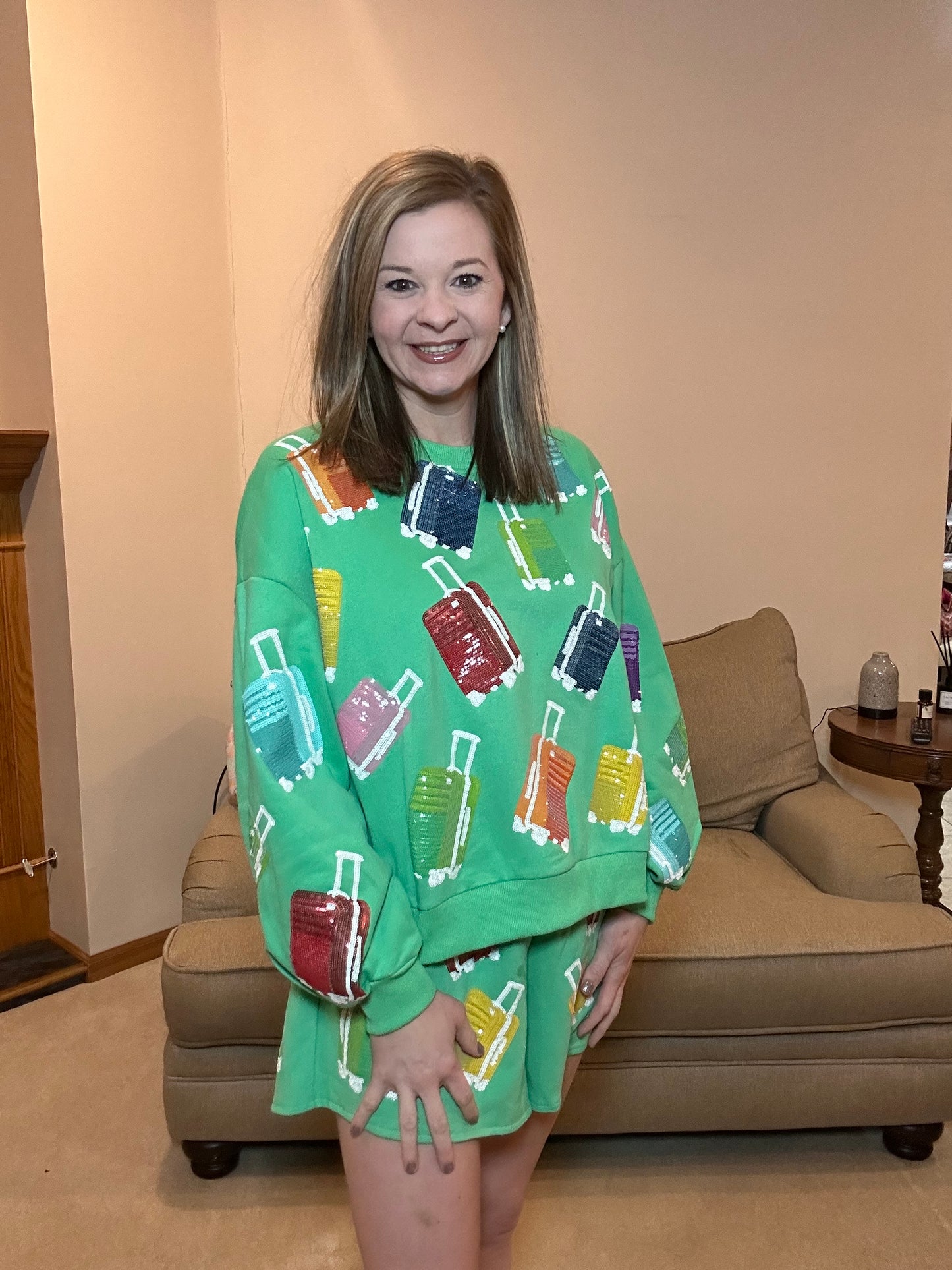 Queen of Sparkles Green Scattered Suitcase Sweatshirt