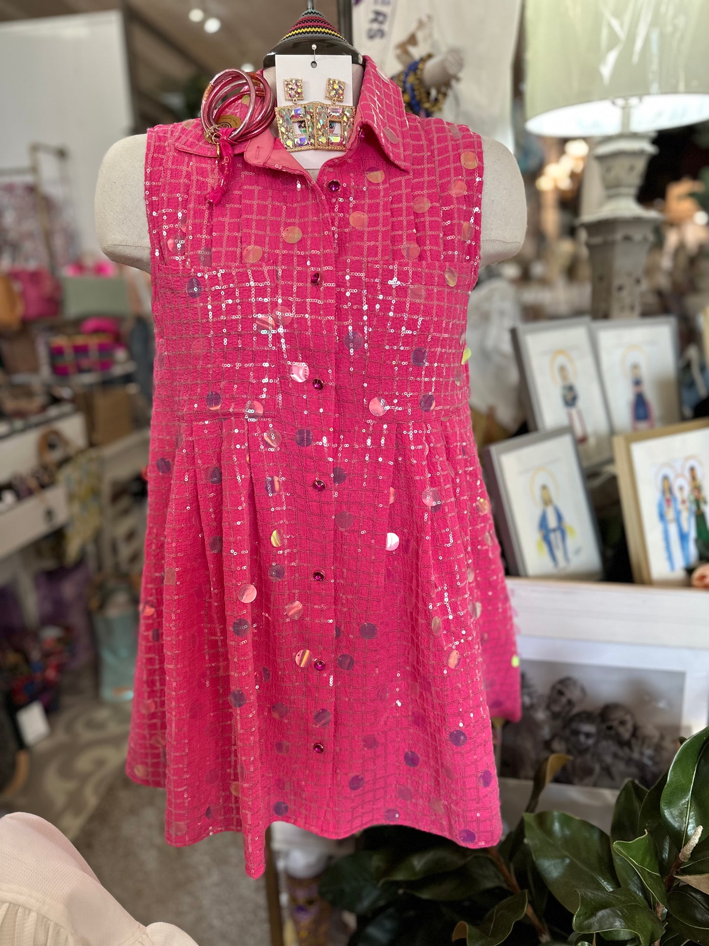 Queen of Sparkles Hot Pink Checker Palette Collar Dress